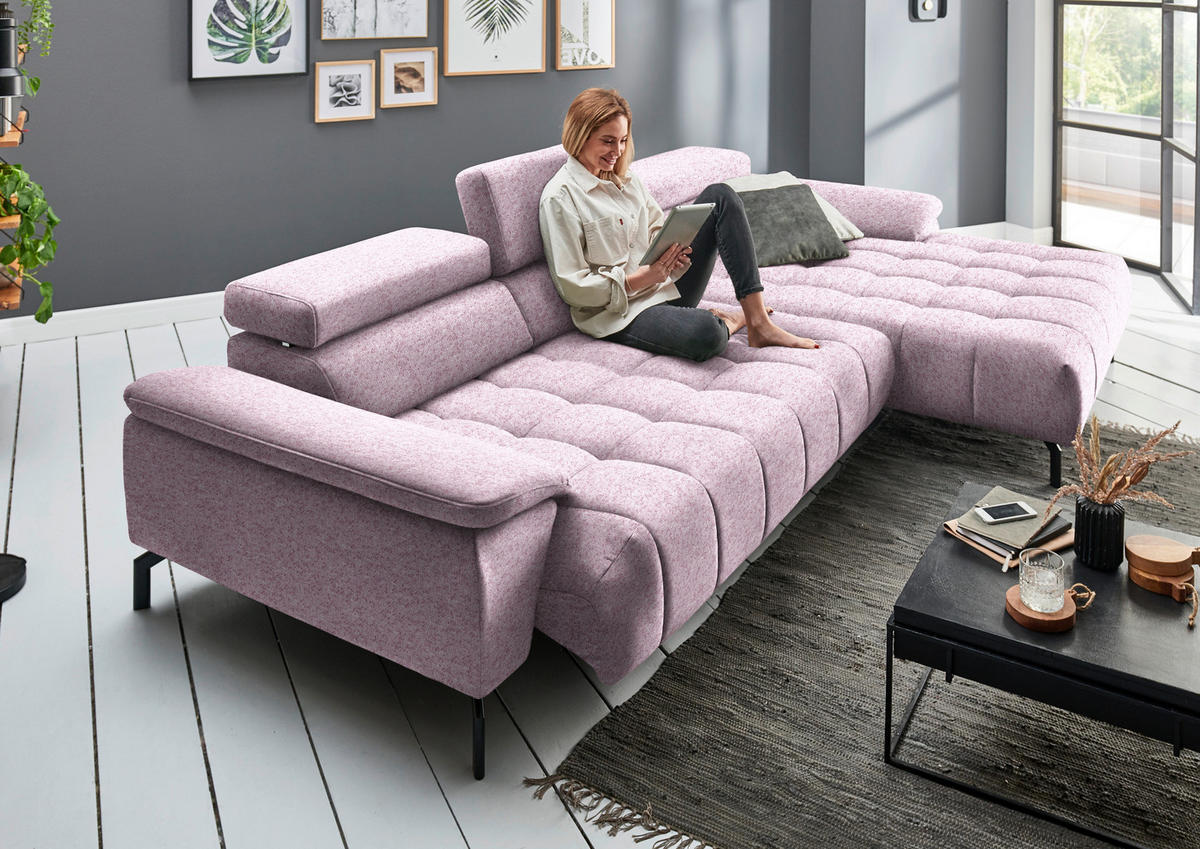 ECKSOFA in Chenille Rosa  - Schwarz/Rosa, Design, Textil/Metall (329/190cm) - Beldomo Style