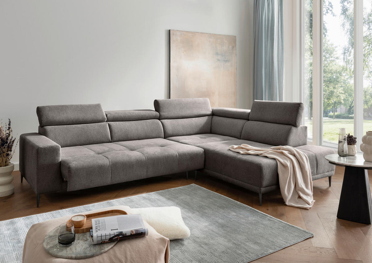 ECKSOFA INTERA Graubraun Chenille Kopfteilverstellung, Sitzvorzug  - Graubraun/Schwarz, KONVENTIONELL, Textil/Metall (305/225cm) - Livetastic