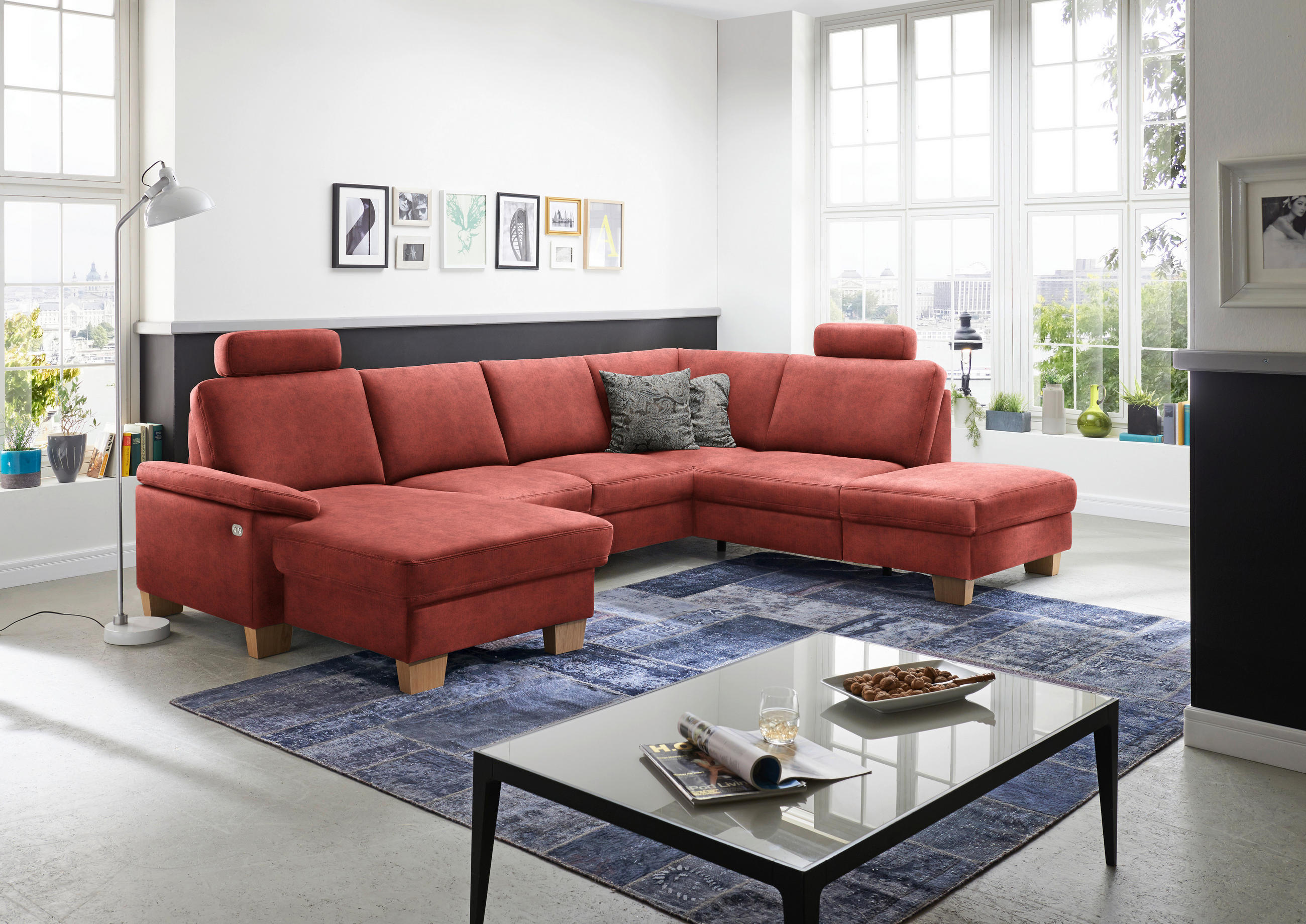 WOHNLANDSCHAFT in Velours Koralle  - Koralle/Eichefarben, Konventionell, Holz/Textil (167/316/235cm) - Beldomo System