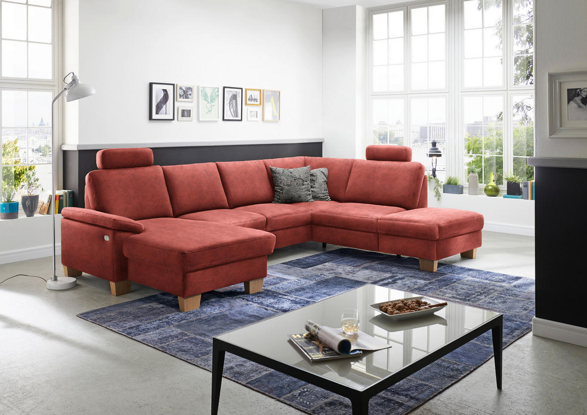 WOHNLANDSCHAFT in Velours Koralle  - Koralle/Eichefarben, Konventionell, Holz/Textil (167/316/235cm) - Beldomo System