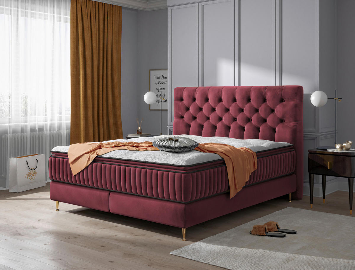 BOXSPRINGBETT 180/200 cm,  in Bordeaux, Matratze, gepolstertes Kopfteil, Topper,  - Bordeaux/Goldfarben, Design, Textil/Metall (180/200cm) - Boxxx