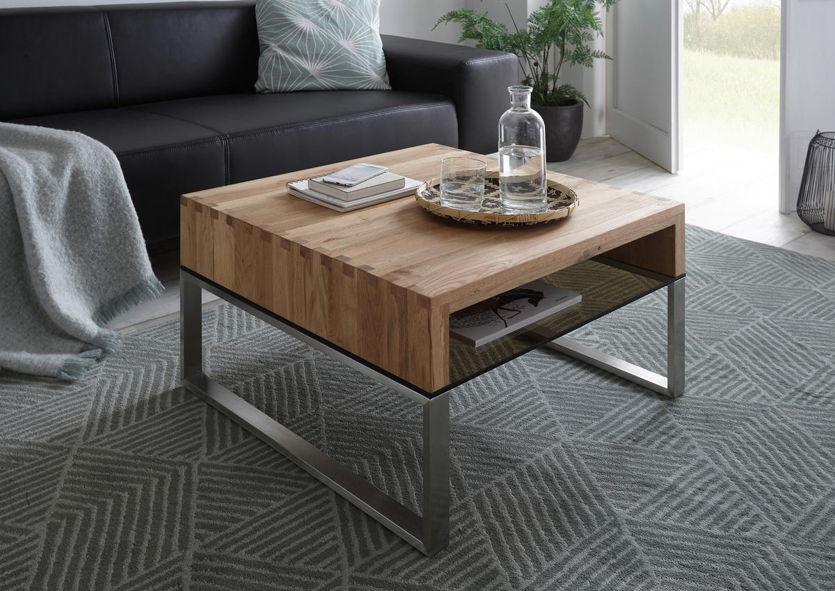 COUCHTISCH in Holz, Metall, Glas 70/70/39 cm  - Edelstahlfarben/Eichefarben, Design, Glas/Holz (70/70/39cm) - Novel