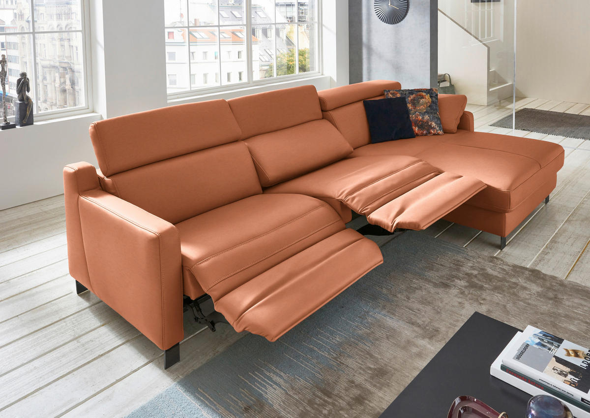 ECKSOFA in Echtleder Cognac  - Cognac/Schwarz, Design, Leder/Metall (291/176cm) - Valdera
