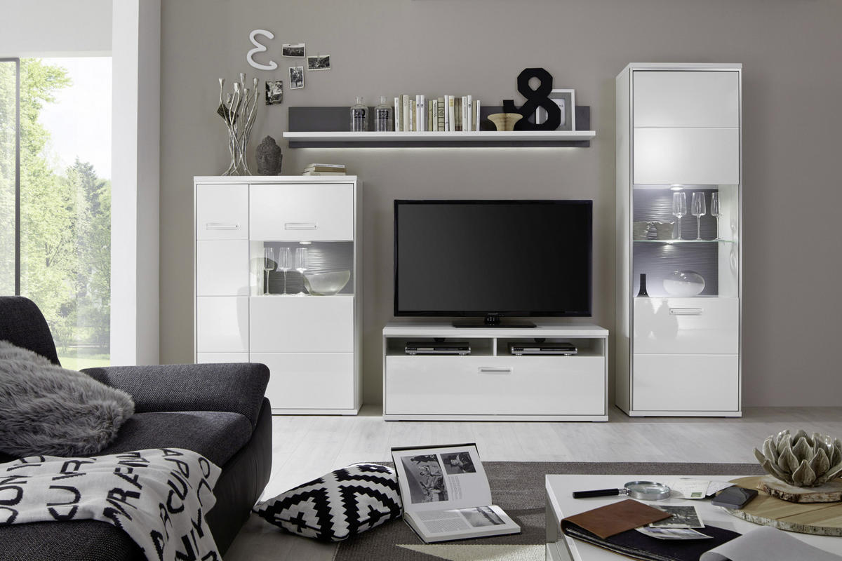 WOHNWAND  in Grau, Silberfarben, Weiss 301/201/52 cm  - Weiss Hochglanz/Weiss, Design, Glas/Holzwerkstoff (301/201/52cm) - Livetastic