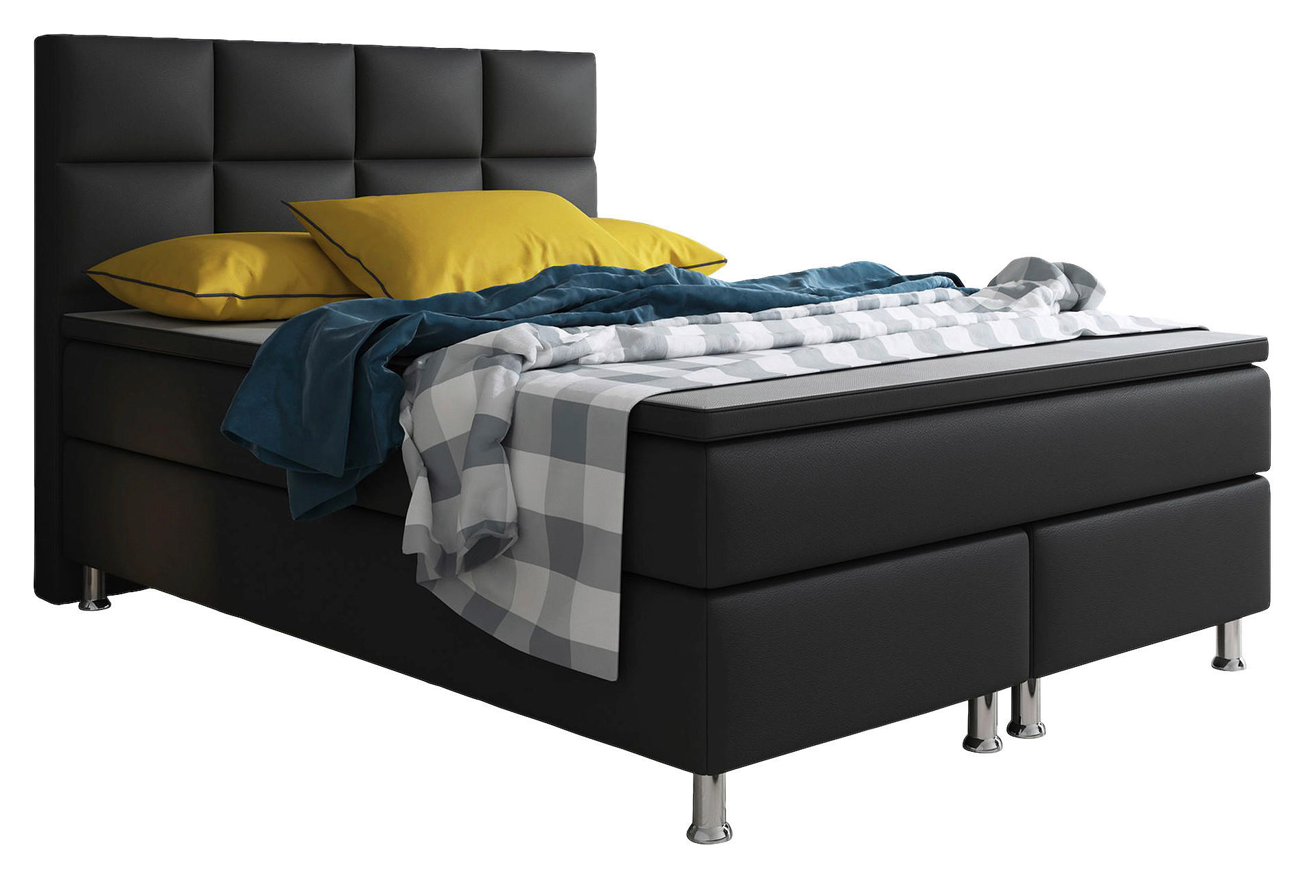 Boxspringbett mit Topper /  in Schwarz  - Silberfarben/Schwarz, KONVENTIONELL, Leder/Textil (140/115/210cm) - MID.YOU