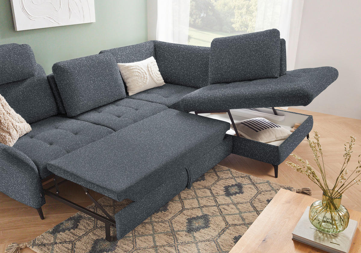 ECKSOFA in Bouclé Dunkelgrau  - Dunkelgrau/Schwarz, Natur, Textil/Metall (288/233cm) - Valnatura