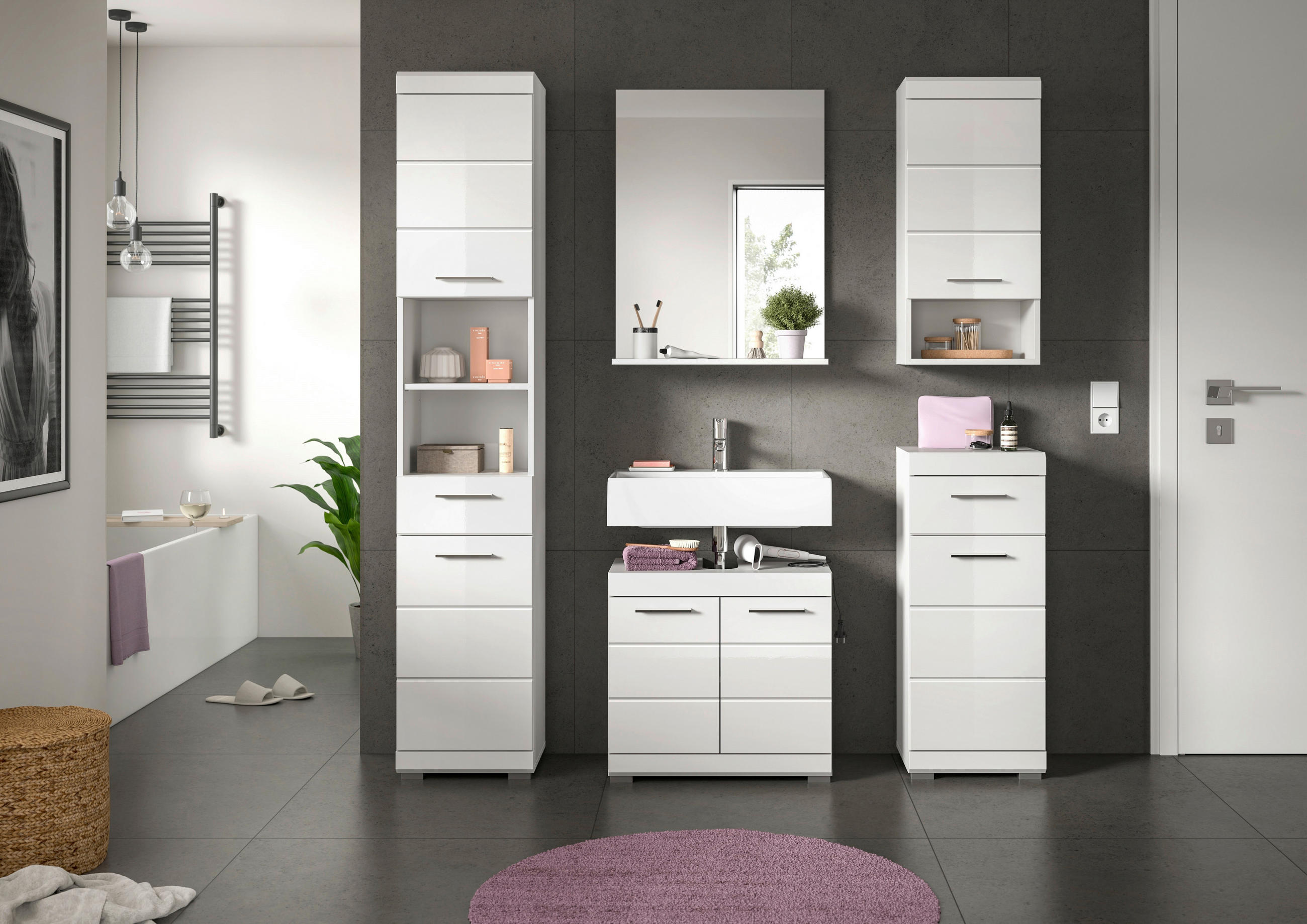 KOUPELNA vysoce lesklá bílá  - barvy stříbra/vysoce lesklá bílá, Moderní, kompozitní dřevo/plast (154cm) - MID.YOU