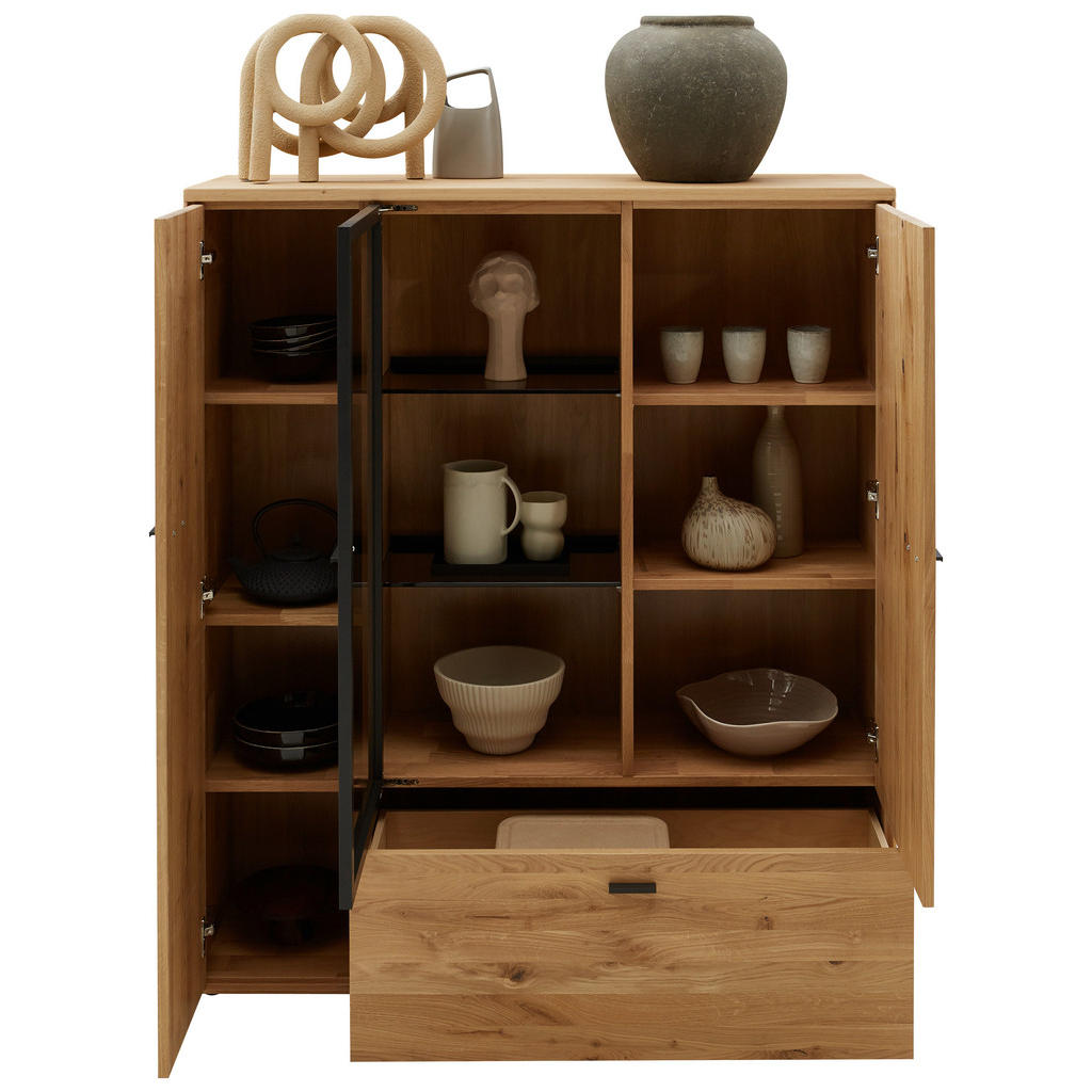 Thumbnail - Valnatura Highboard, Wildeiche, Holz, Glas, Wildeiche, massiv, 7 Fächer, 1 Schublade(n) Schubladen, 121.9x139.9x37.1 cm,...