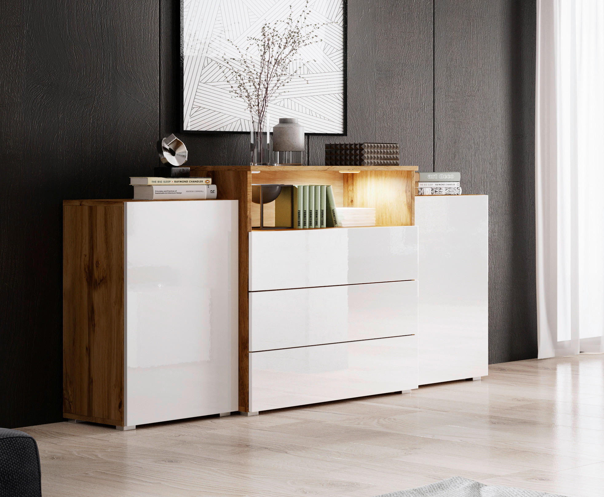 SIDEBOARD  in 150/68,7/32,5 cm  - Weiß Hochglanz/Eiche Wotan, LIFESTYLE, Holzwerkstoff/Kunststoff (150/68,7/32,5cm) - P & B