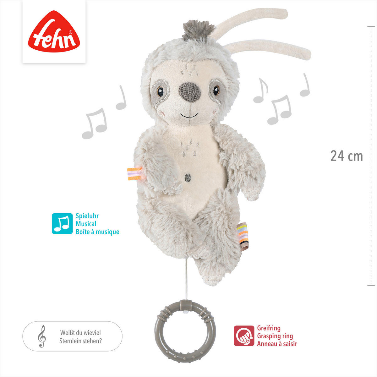 SPIELUHR Faultier Lazy 24/7,6/7,2 cm  - Hellgrau, Basics, Textil (24/7,6/7,2cm) - Fehn