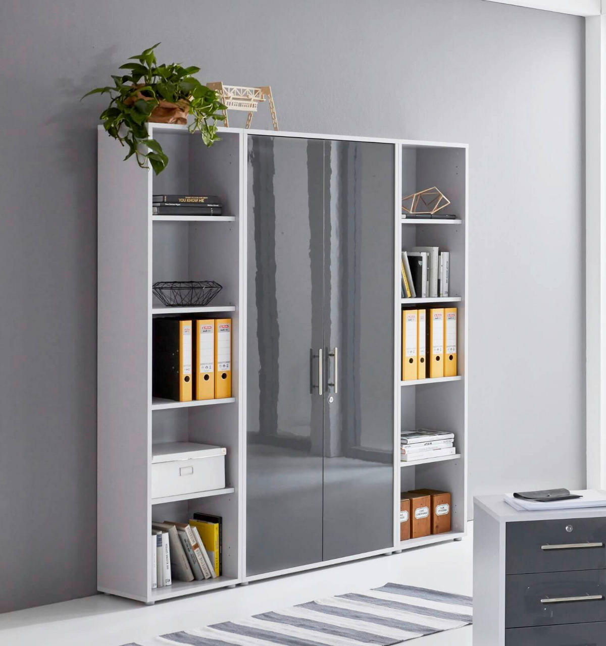 BÜRO erweiterbar, abschließbar Grau, Anthrazit Hochglanz - Anthrazit Hochglanz/Grau, MODERN, Holzwerkstoff/Metall - MID.YOU