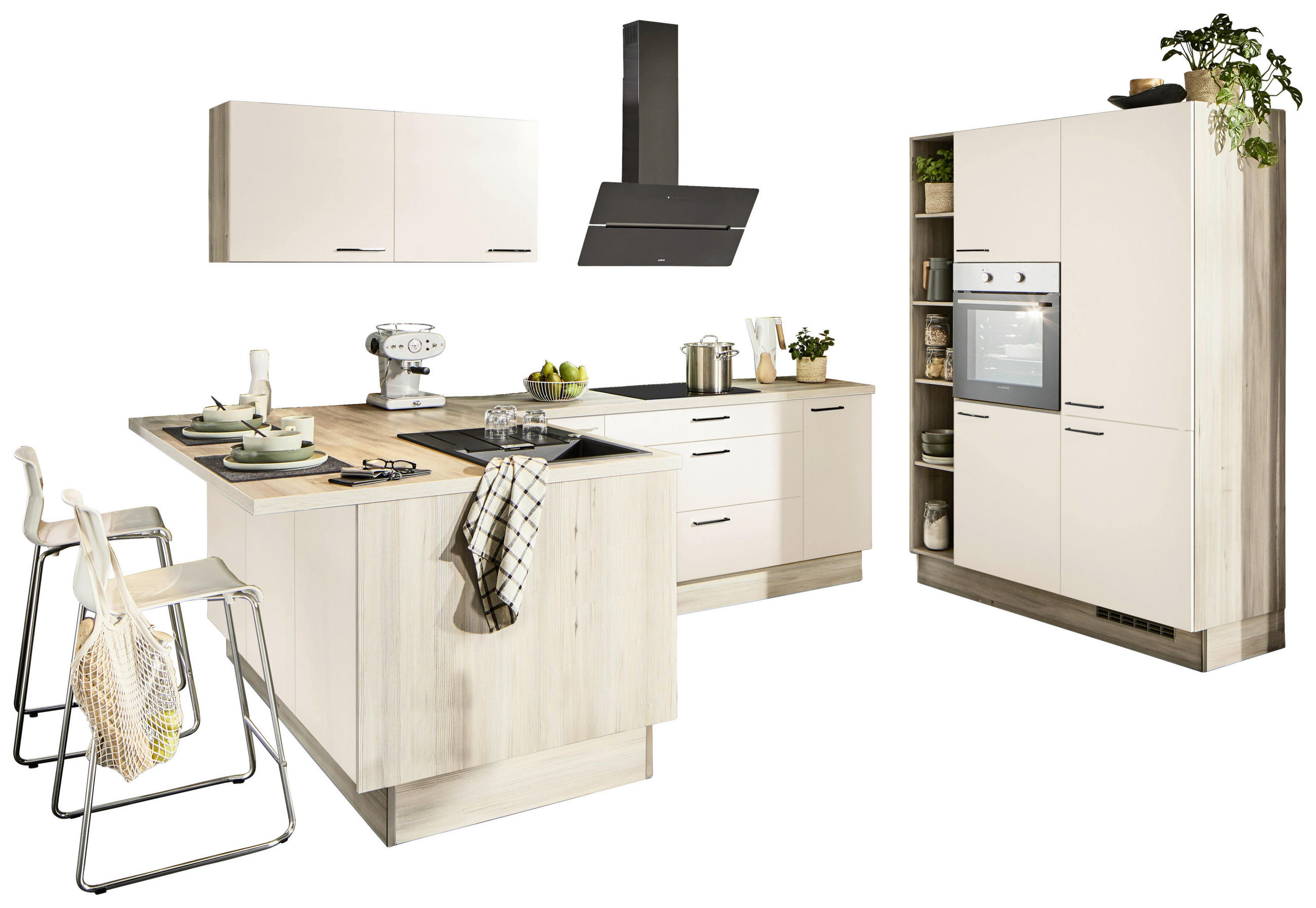 ECKKÜCHE XO 21  in Magnolie, Tannenholzfarben  - Tannenholzfarben/Magnolie, Design, Holzwerkstoff/Metall (121,6/280/150cm) - Xora