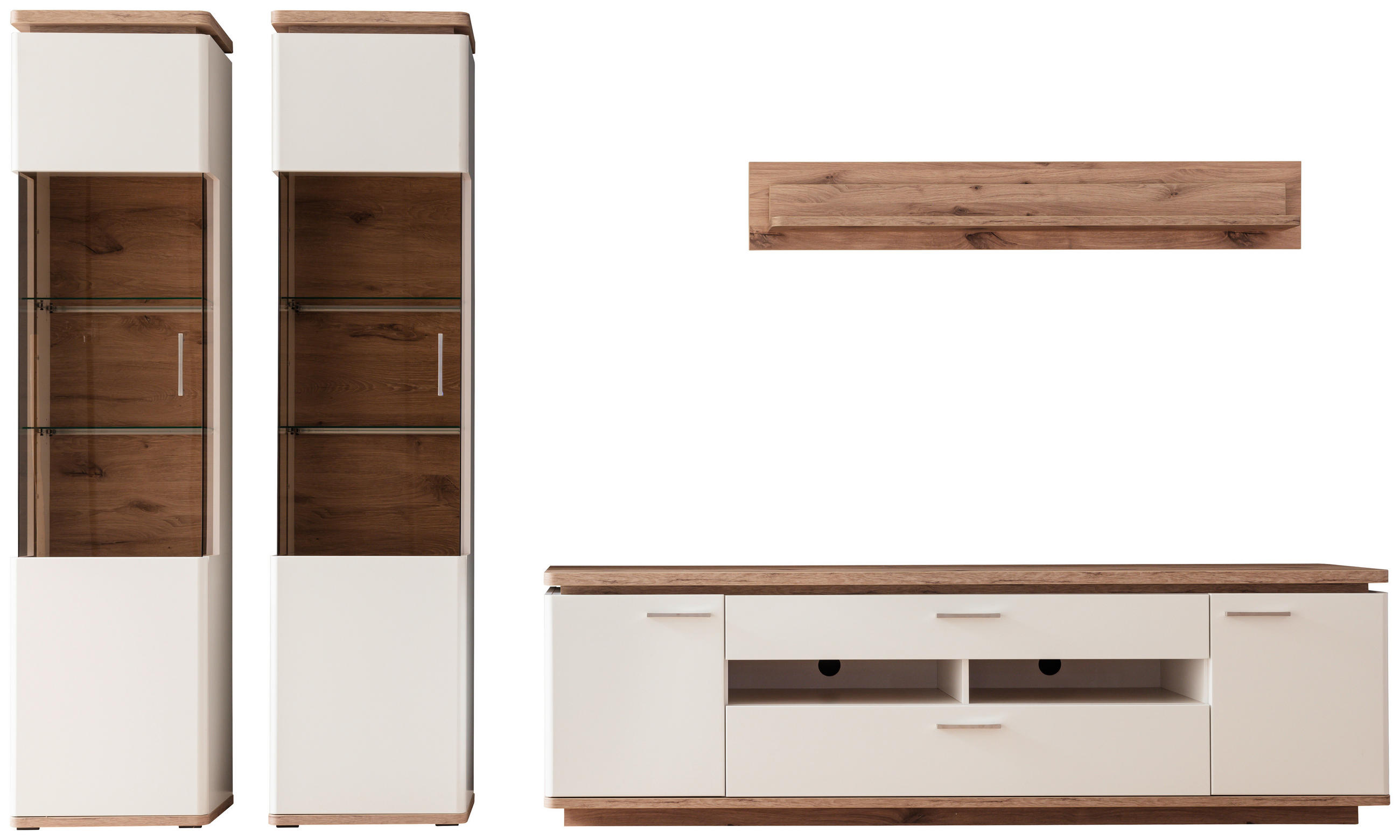 WOHNWAND 4-teilig  in Weiss, Eichefarben 330/208/50 cm  - Weiss/Eichefarben, Design, Glas/Holzwerkstoff (330/208/50cm) - Livetastic