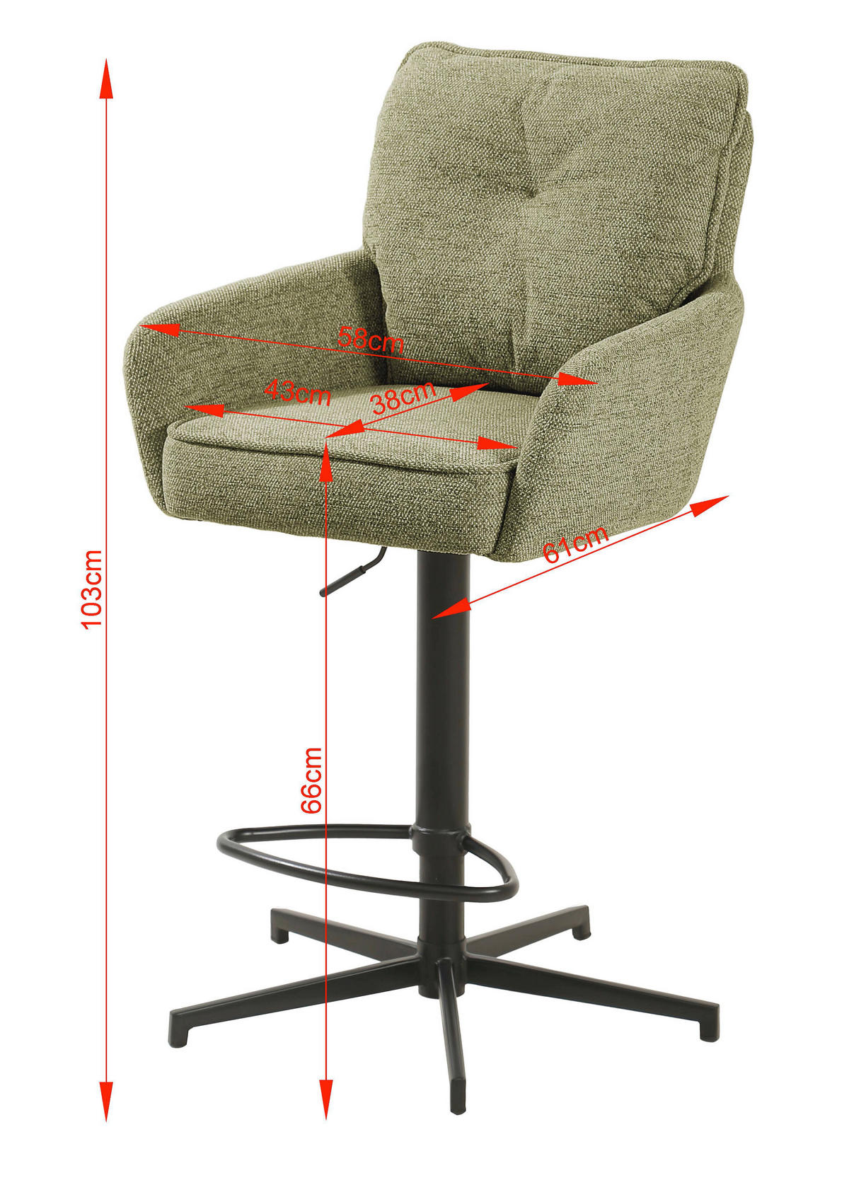 BARHOCKER Leinenoptik Grün, Schwarz Eisen Stoffauswahl, Sitzfläche 360° drehbar  - Taupe/Schwarz, Design, Textil/Metall (58/103-123/61cm) - Novel