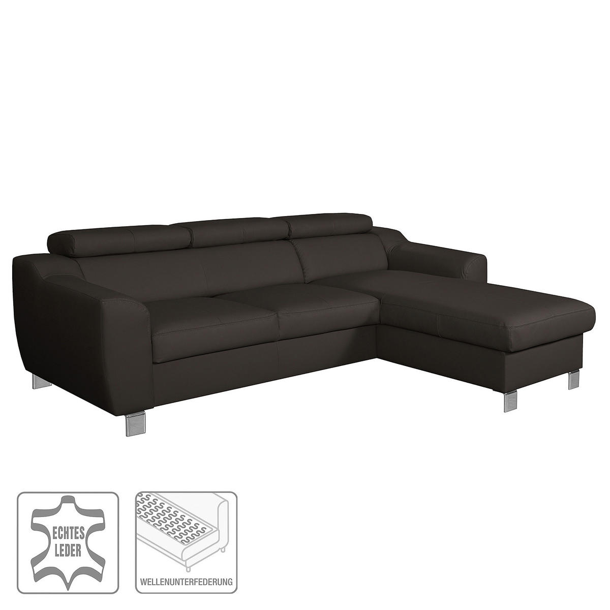 ECKSOFA in Lederlook Echtleder Dunkelbraun  - Chromfarben/Dunkelbraun, Design, Leder/Textil (242/176cm) - Livetastic