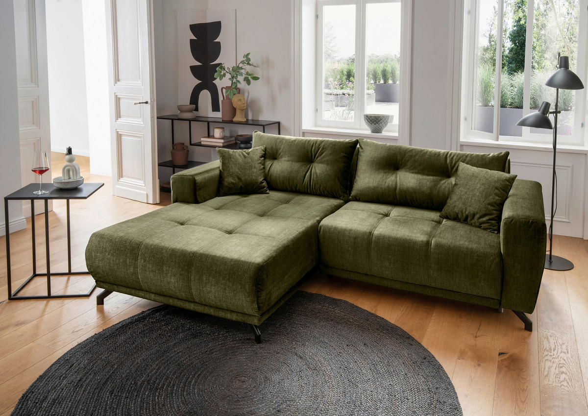 ECKSOFA in Velours Grün  177/246 cm  - Schwarz/Grün, MODERN, Textil/Metall (177/246cm) - MID.YOU