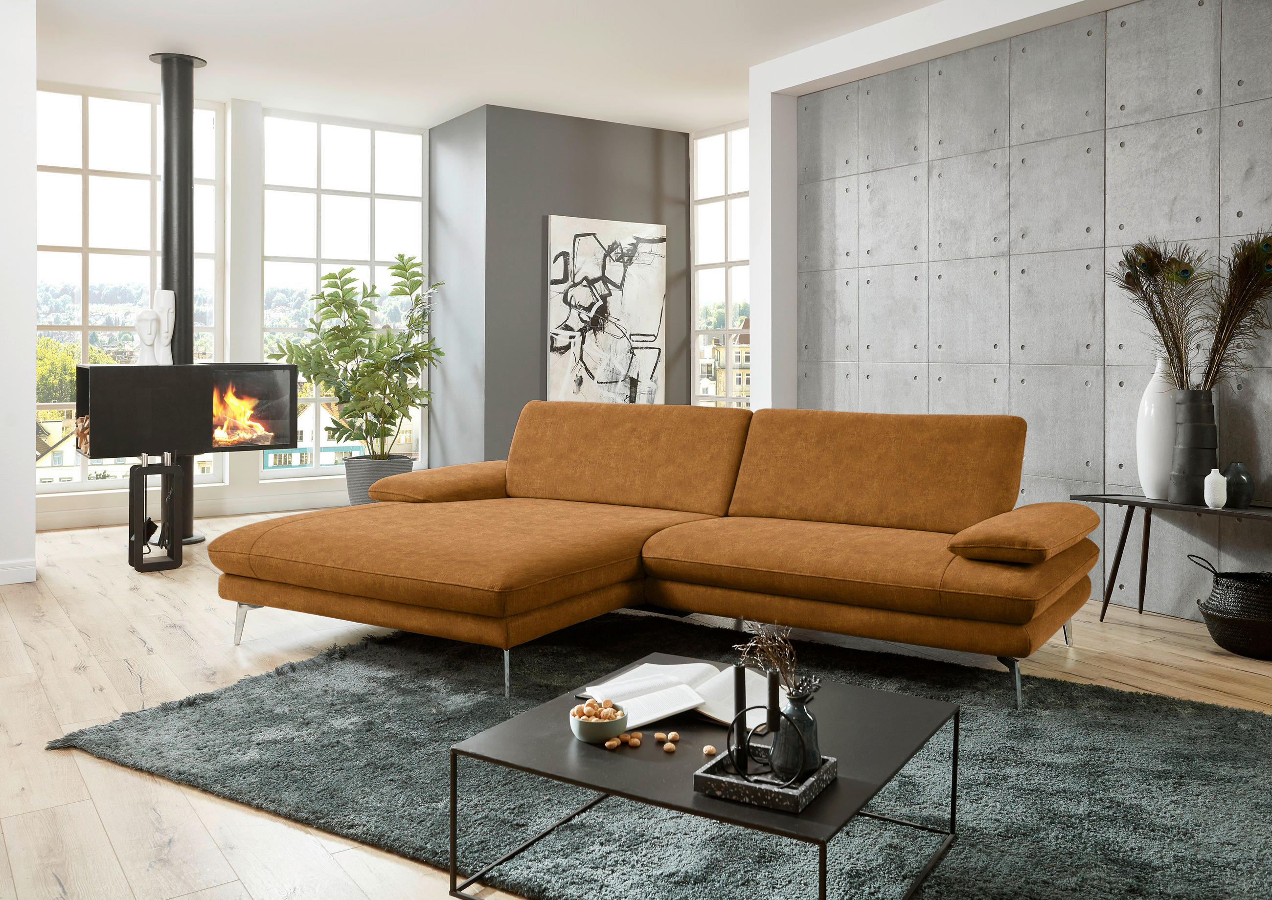 ECKSOFA in Velours Cognac  - Cognac/Schwarz, Design, Textil/Metall (184/284cm) - Dieter Knoll