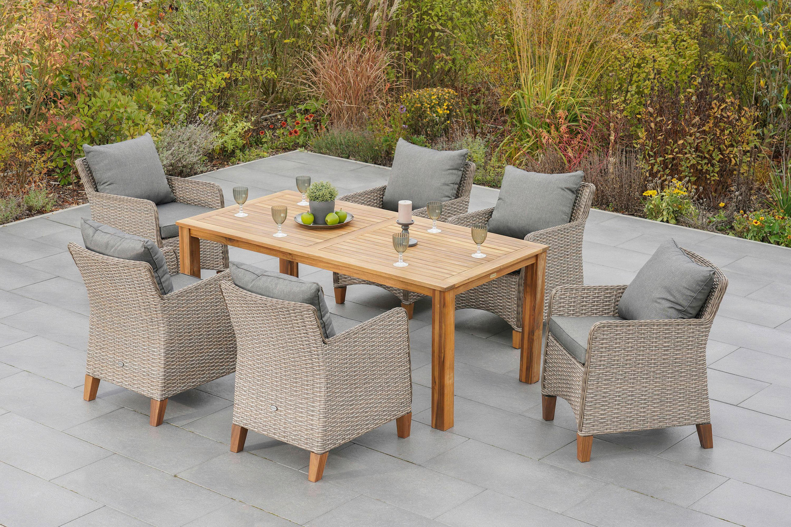 GARTENTISCHGRUPPE Akazie Hartholz Stahl  - Beige/Beigebraun, KONVENTIONELL, Holz/Kunststoff - Gardenson