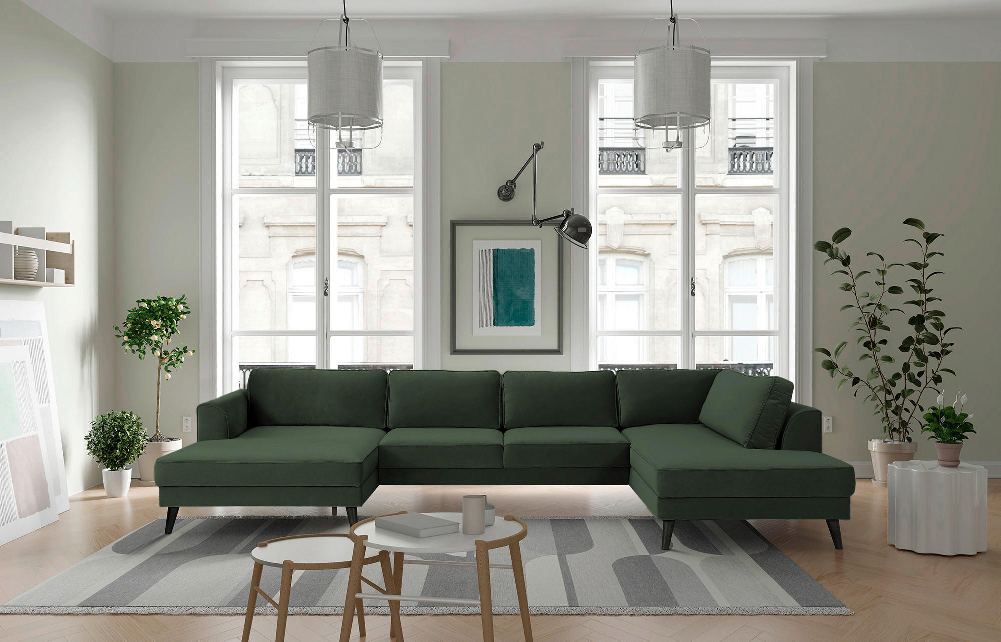 WOHNLANDSCHAFT in Velours Dunkelgrün - Wengefarben/Dunkelgrün, Modern, Holz/Textil (169/348/201cm) - Trendmanufaktur