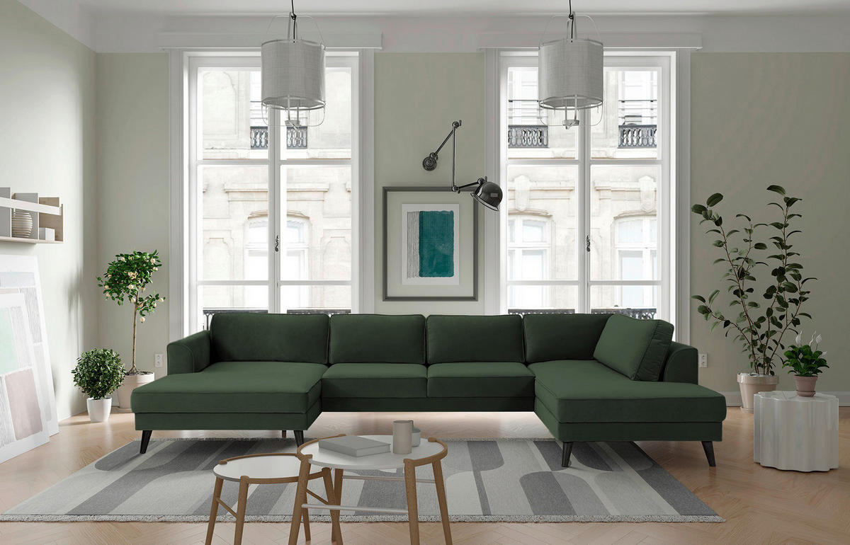 WOHNLANDSCHAFT in Velours Dunkelgrün  - Wengefarben/Dunkelgrün, Modern, Holz/Textil (169/348/201cm) - Trendmanufaktur