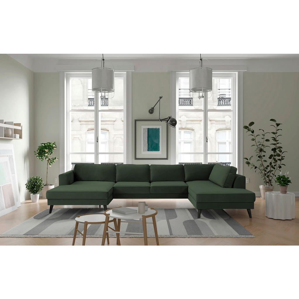 Thumbnail - Trendmanufaktur Wohnlandschaft Lumber Jack, Dunkelgrün, Textil, Wenge, 6-Sitzer, U-Form, 348x201 cm, Made in EU, Hocker ...