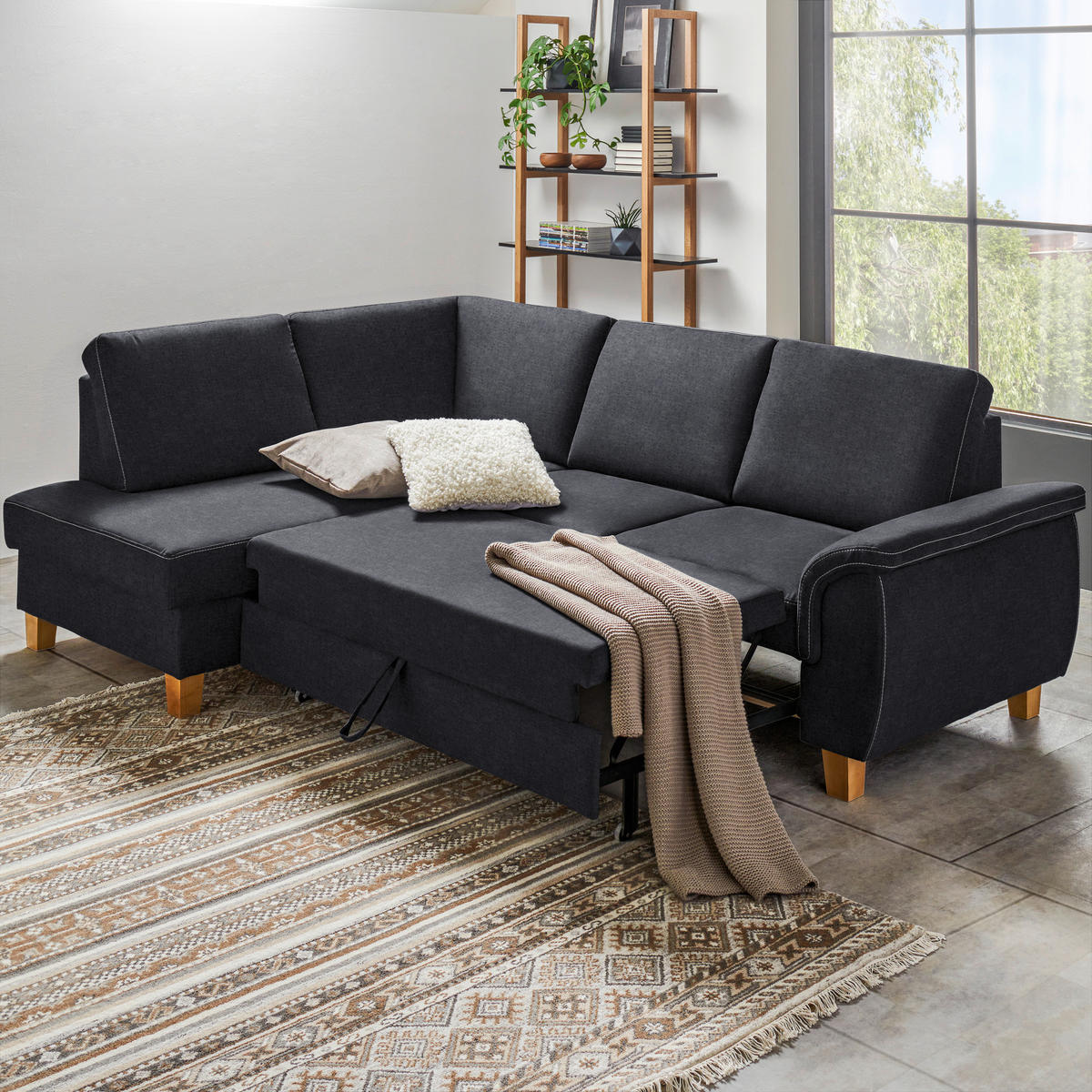 ECKSOFA in Flachgewebe Anthrazit  - Eichefarben/Anthrazit, Design, Holz/Textil (185/253cm) - Cantus