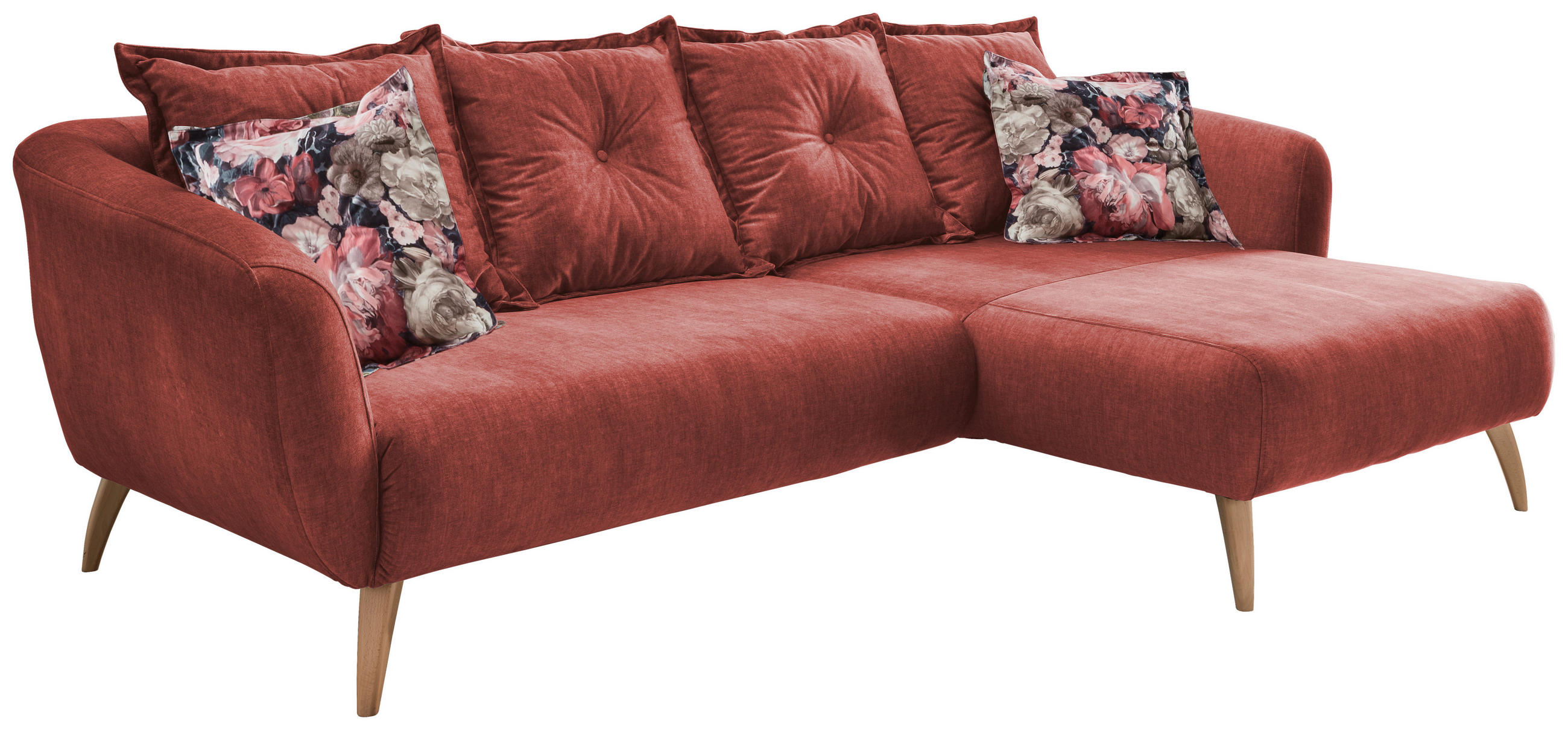 ECKSOFA in Velours Koralle, Multicolor 277/162 cm - Koralle/Buchefarben, MODERN, Holz/Textil (277/162cm) - Livetastic