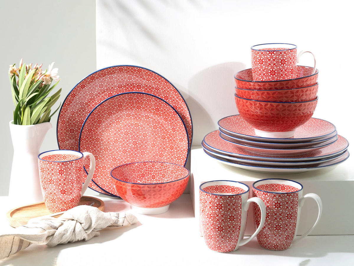 KOMBISERVICE Rot, Weiß Mediterran Rot 16-teilig 4 Personen  - Rot/Weiß, Basics, Keramik - Creatable