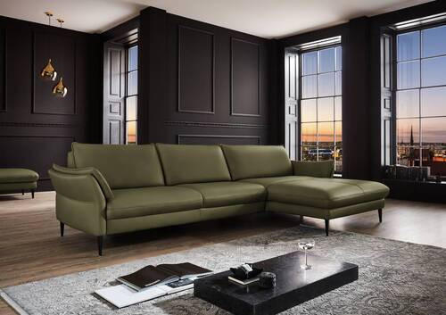 ECKSOFA in Echtleder Grün  - Schwarz/Grün, Design, Leder/Metall (334/172cm) - Valdera