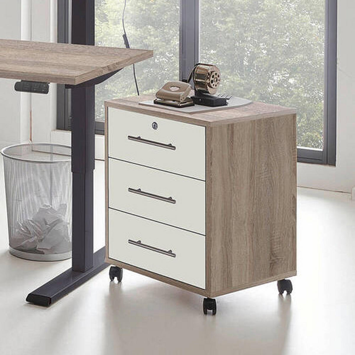 ROLLCONTAINER Weiß, Sonoma Eiche  - Edelstahlfarben/Weiß, MODERN, Holzwerkstoff/Kunststoff (44/58/40cm) - MID.YOU
