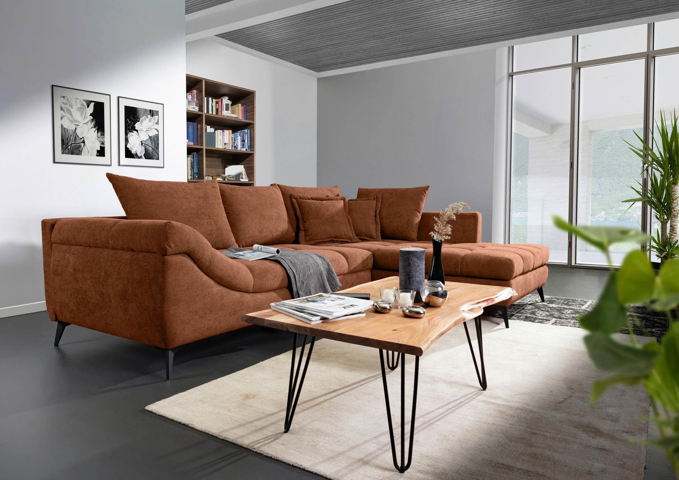 ECKSOFA Braun Flachgewebe  - Schwarz/Braun, Design, Textil/Metall (307/224cm) - Stylife
