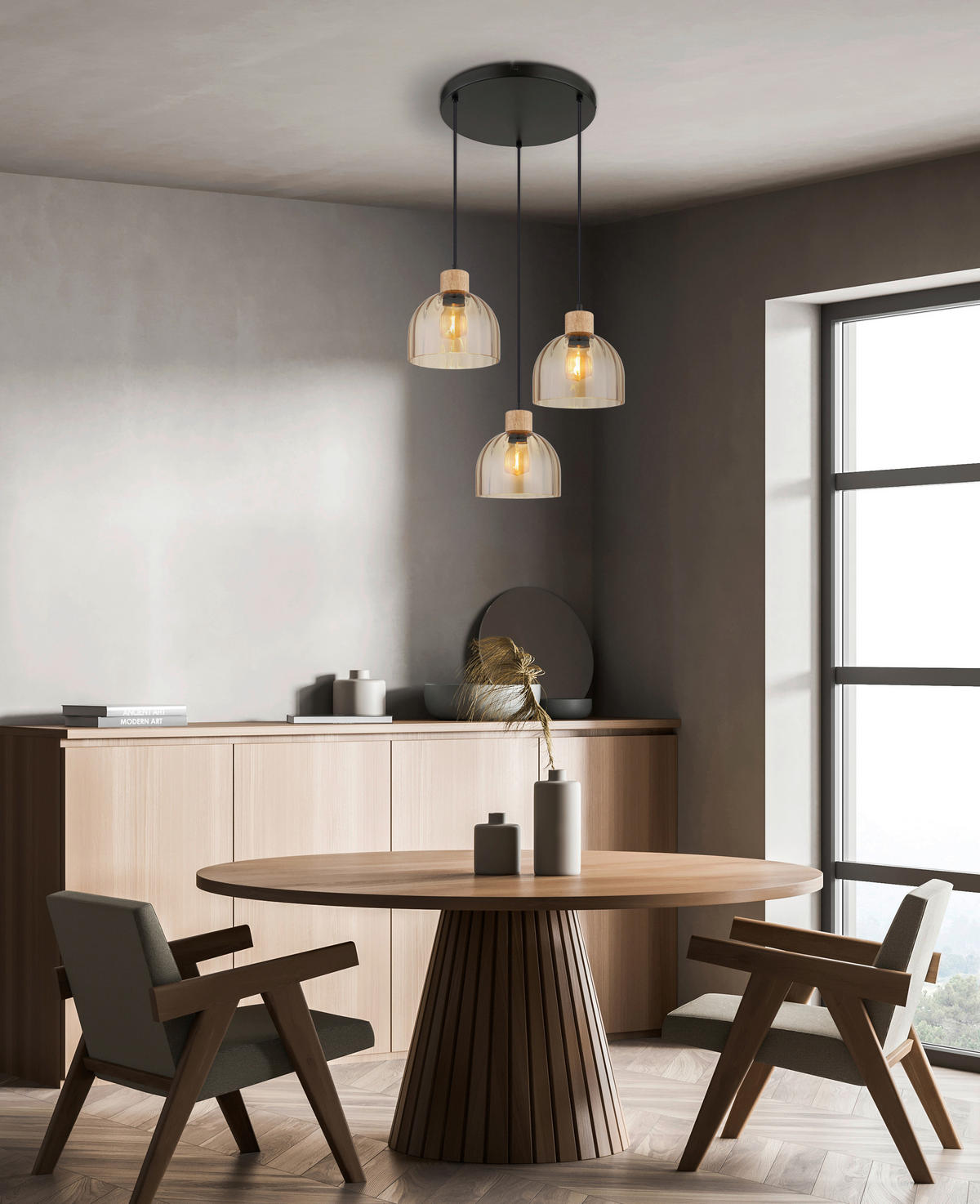 HÄNGELEUCHTE Swanson 40/130 cm  - Bernsteinfarben/Schwarz, Design, Glas/Holz (40/130cm) - Globo