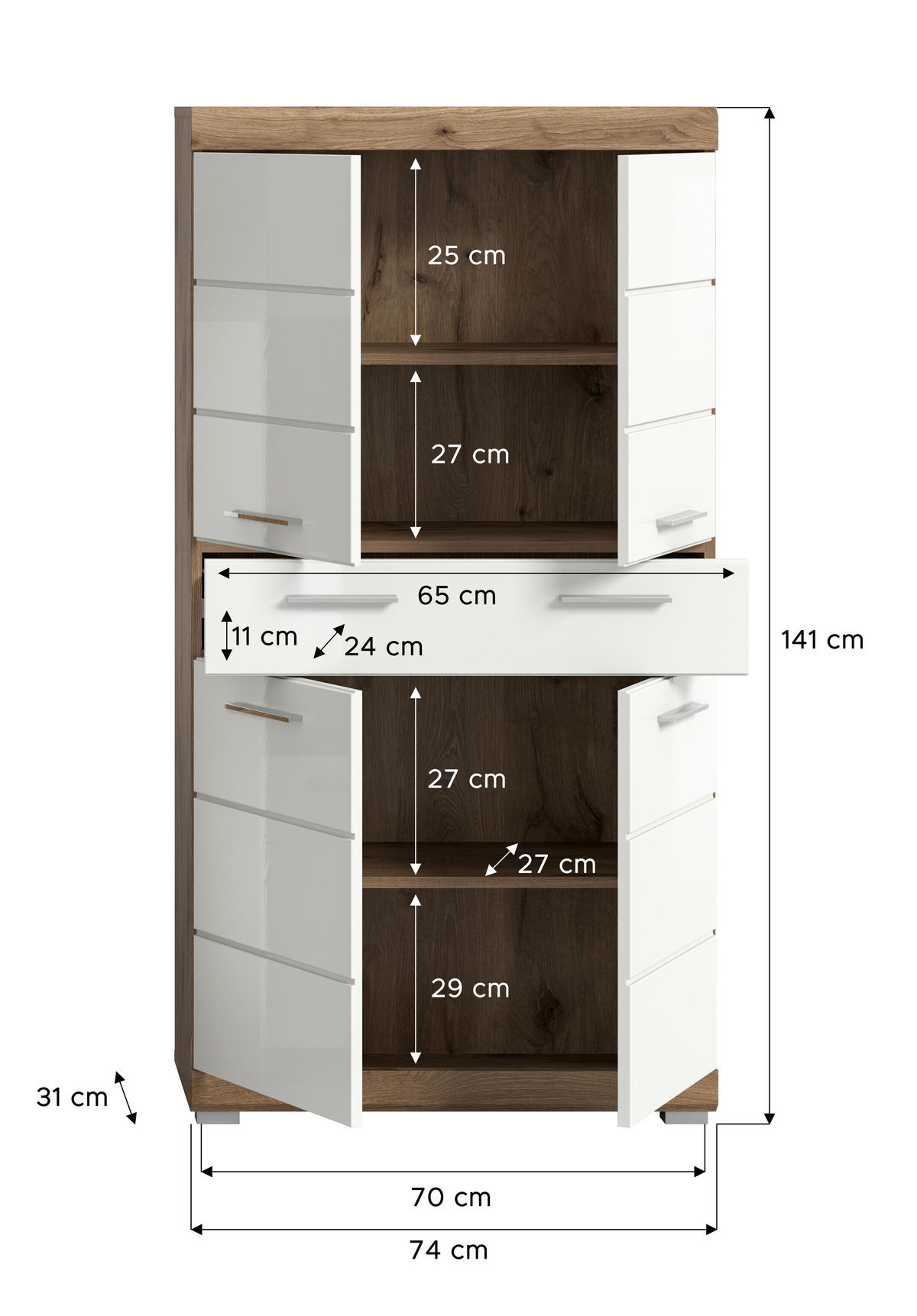 MIDISCHRANK 74/141/31 cm  - Chromfarben/Weiß Hochglanz, MODERN, Holzwerkstoff/Kunststoff (74/141/31cm) - MID.YOU