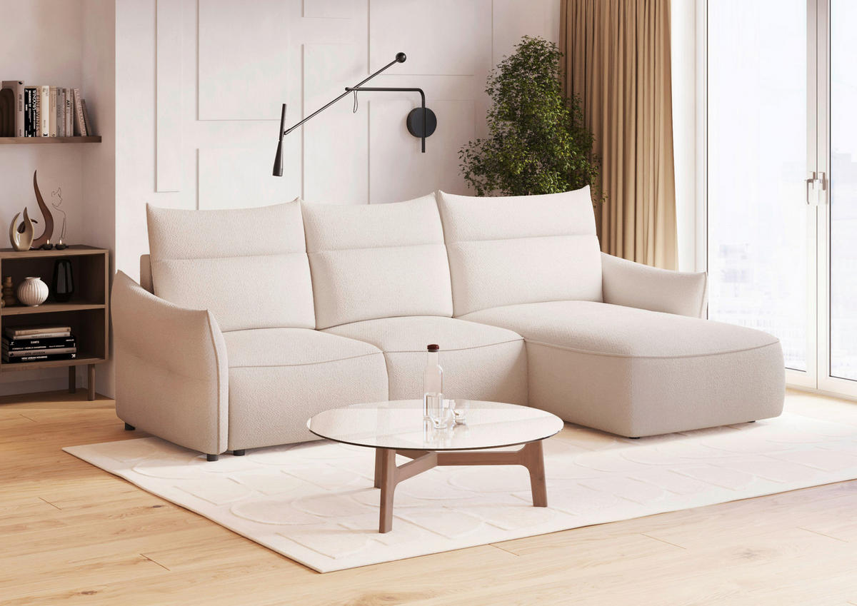 ECKSOFA Creme Webstoff Rückenkissen, Bettkasten, Schlaffunktion, Rücken echt, Liegefläche im Originalstoff  - Creme/Schwarz, KONVENTIONELL, Kunststoff/Textil (306/179cm) - Milino
