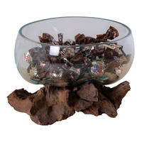 VASE  - Transparent/Teakfarben, Design, Glas/Holz (15/15/15cm)