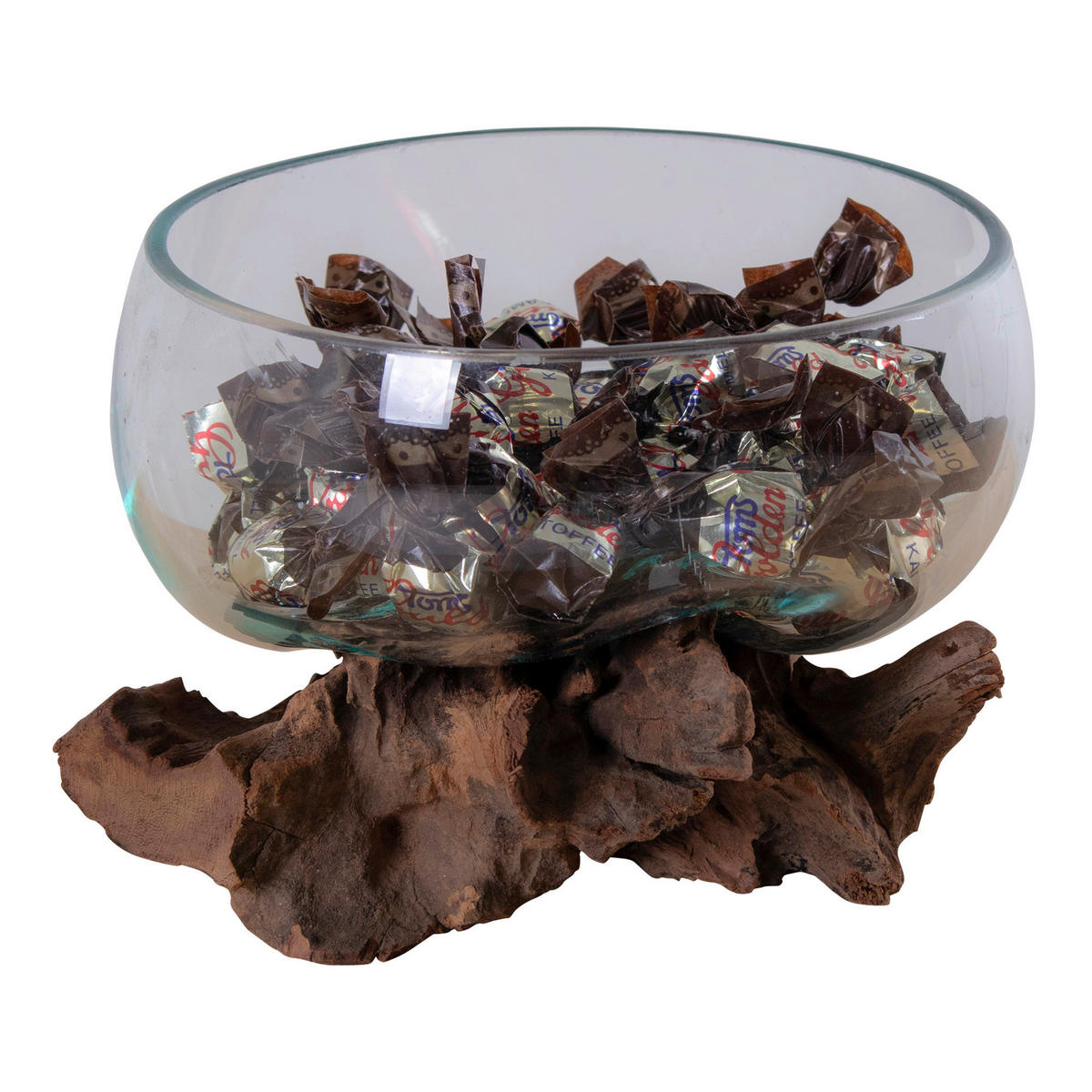 VASE  - Transparent/Teakfarben, Design, Glas/Holz (15/15/15cm)