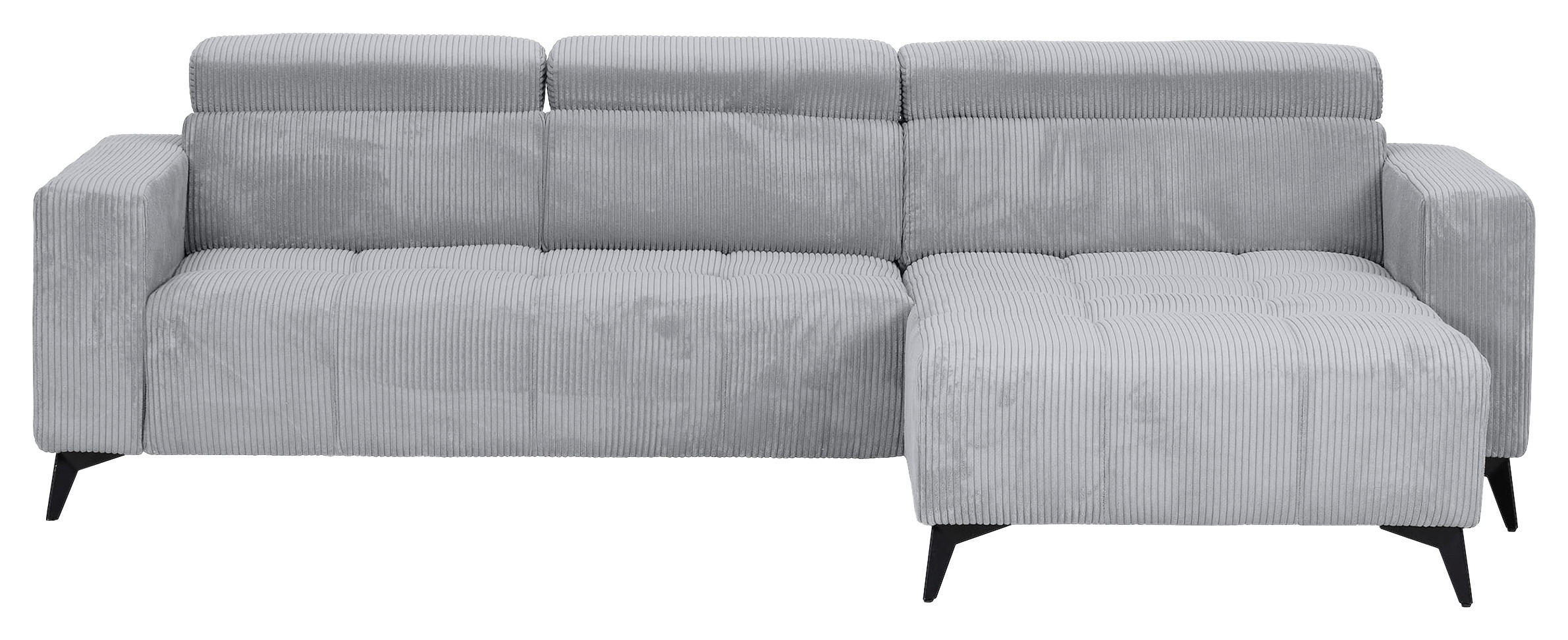 ECKSOFA Hellgrau Cord Rücken echt, Kopfteilverstellung, Sitzvorzug  - Hellgrau/Schwarz, KONVENTIONELL, Textil/Metall (257/170cm) - Carryhome