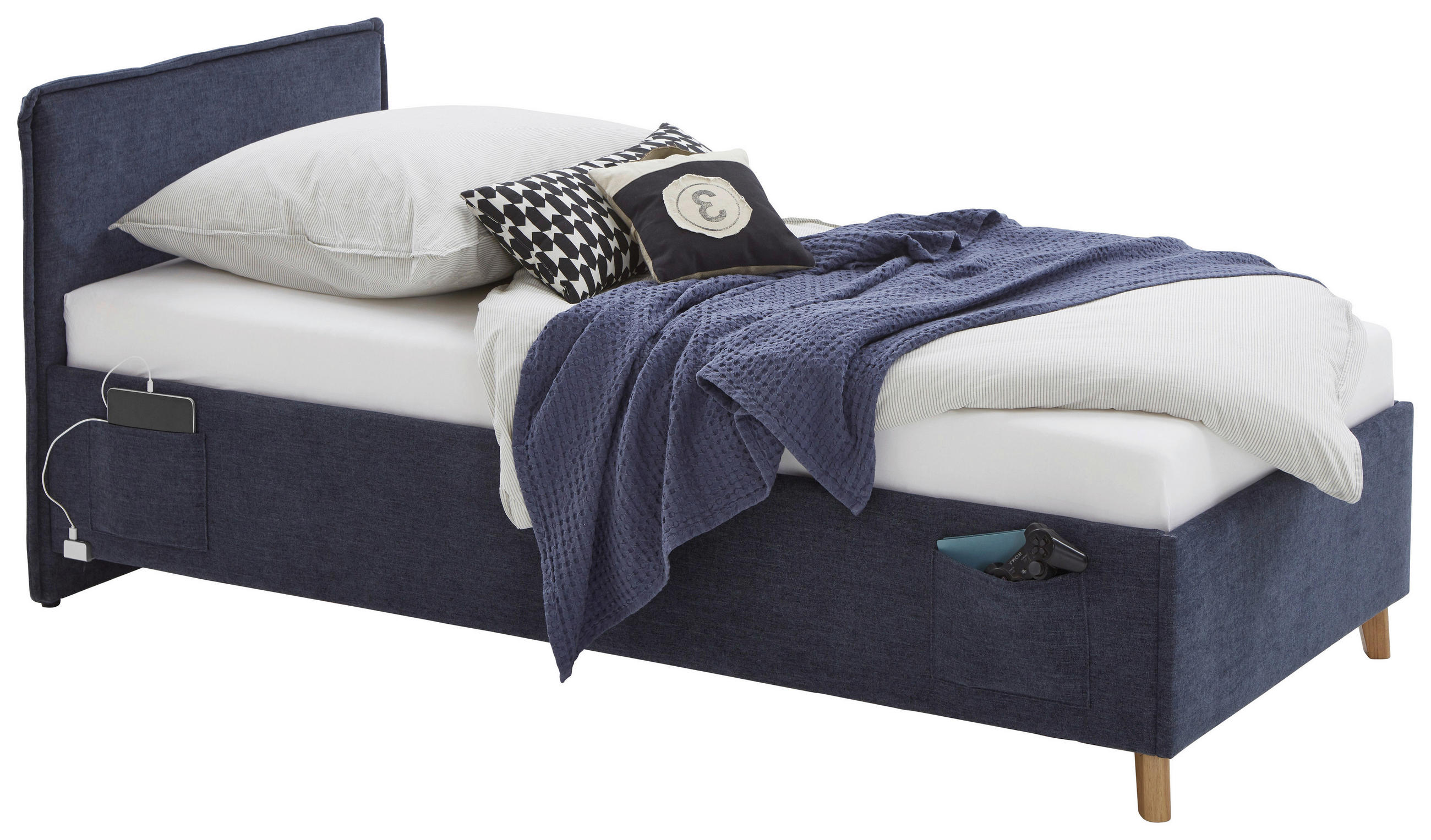 POLSTERBETT 90/200 cm  in Dunkelblau  - Eichefarben/Dunkelblau, KONVENTIONELL, Holz/Textil (90/200cm) - Stylife