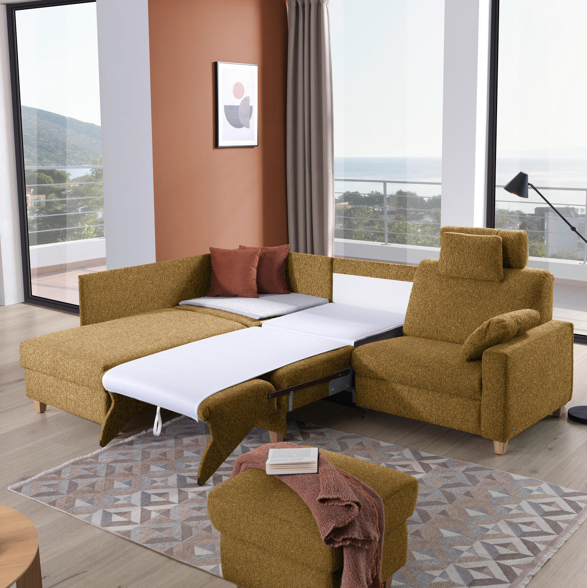 ECKSOFA  in Mikrovelours Senfgelb  203/261 cm  - Eichefarben/Senfgelb, KONVENTIONELL, Holz/Textil (203/261cm) - Sedda