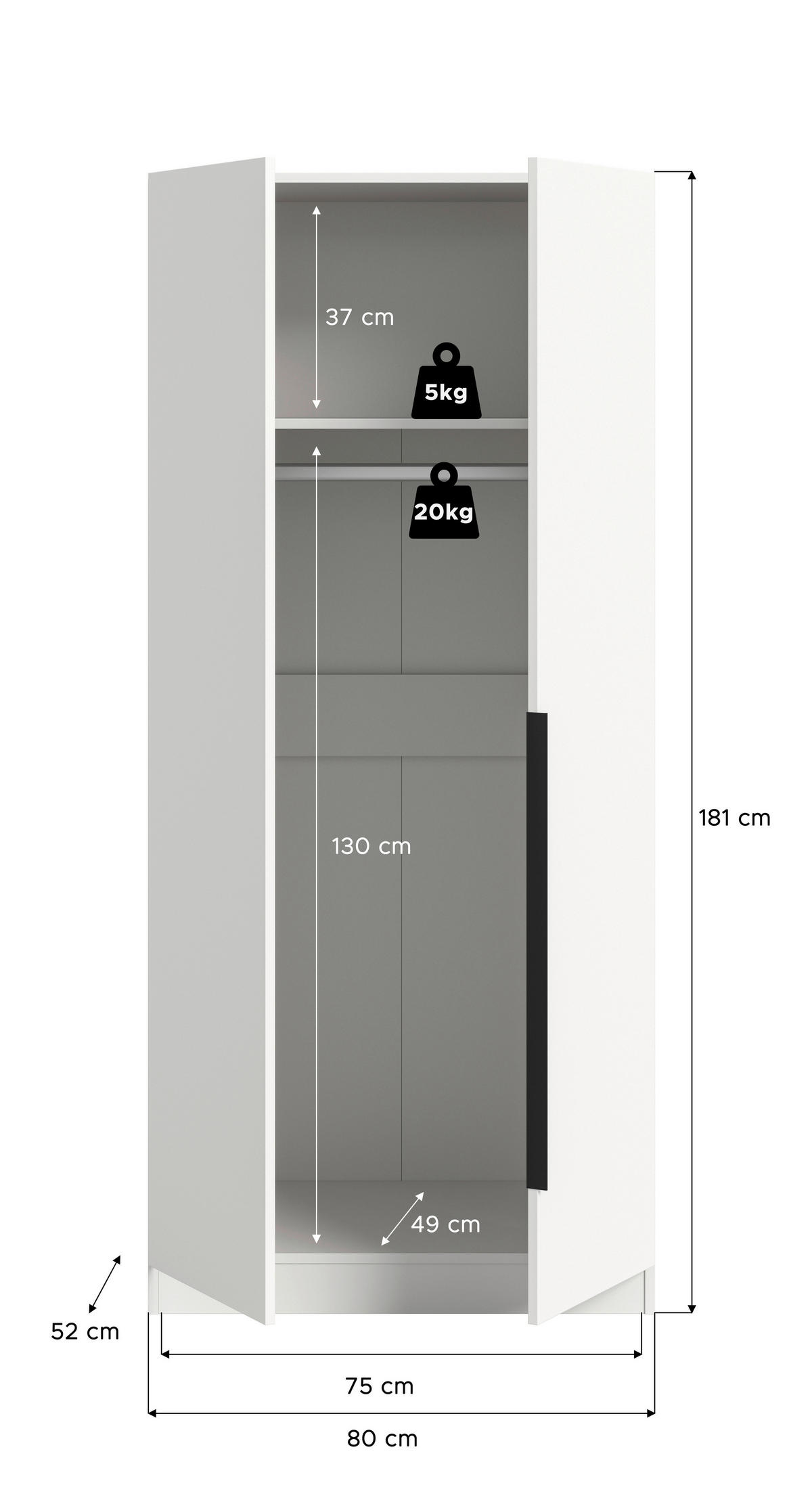 DREHTÜRENSCHRANK 80/181/52 cm,  in Weiß, 2-türig  - Schwarz/Weiß, MODERN, Holzwerkstoff (80/181/52cm) - MID.YOU
