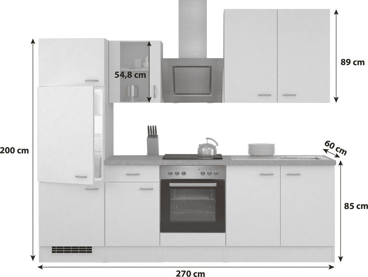 KÜCHENBLOCK 270 cm   in Weiß  - Edelstahlfarben/Hellgrau, MODERN, Glas/Holzwerkstoff (270cm) - FlexWell