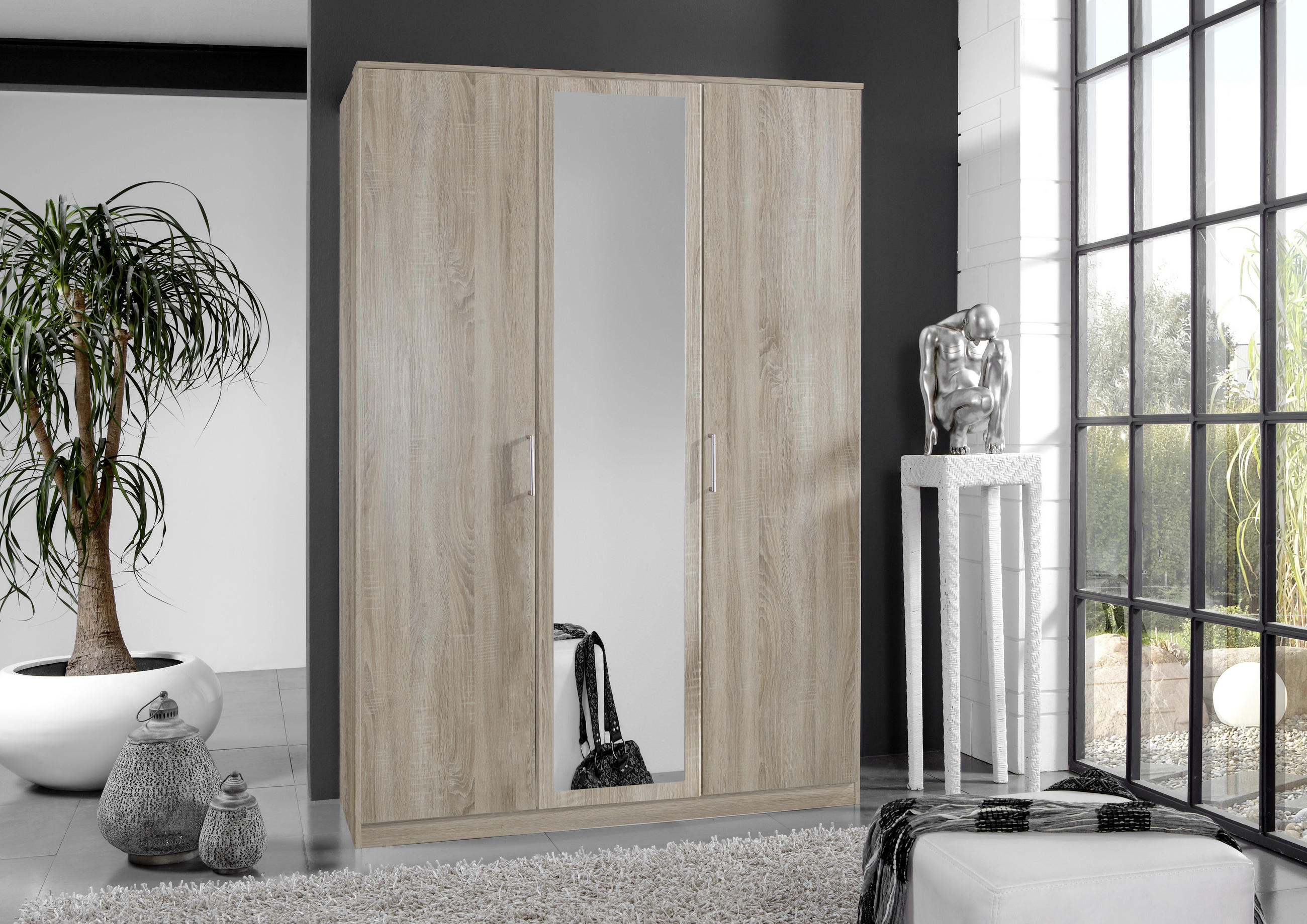 ŠATNÍ SKŘÍŇ SE ZRCADLEM, barvy dubu, 135/199/58 cm - barvy dubu/barvy hliníku, Konvenční, kompozitní dřevo/plast (135/199/58cm) - MID.YOU