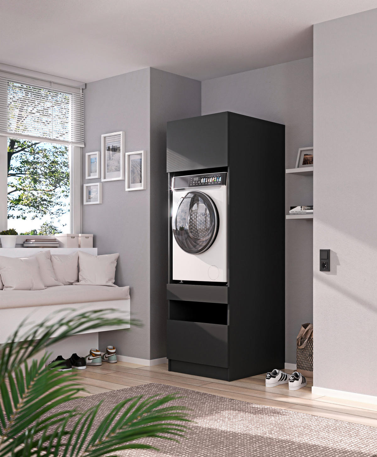 WASCHMASCHINENSCHRANK 68/200/68 cm  in Anthrazit  - Anthrazit/Schwarz, Design, Holzwerkstoff/Metall (68/200/68cm) - Milino