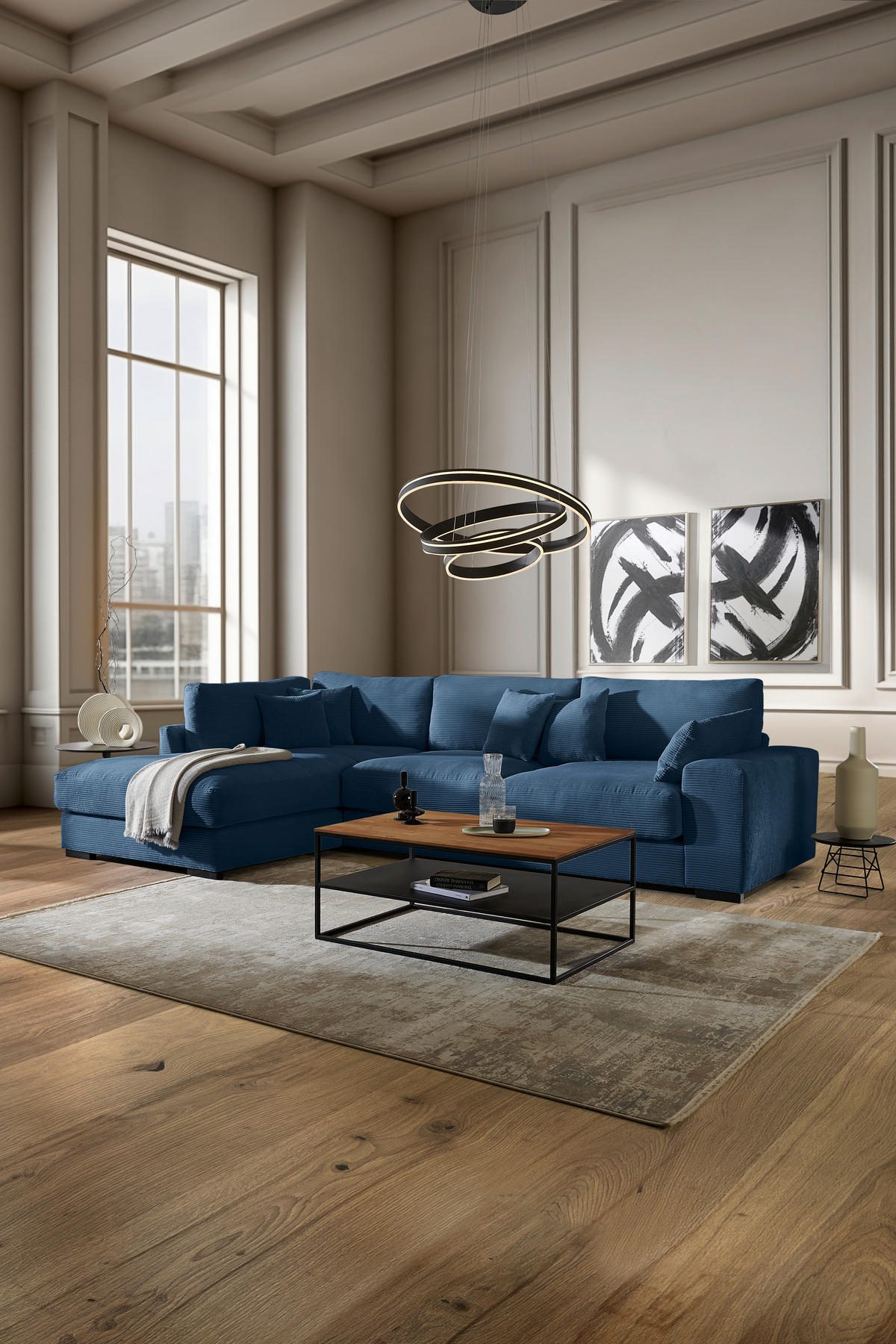 ECKSOFA in Cord Dunkelblau  - Schwarz/Dunkelblau, Design, Kunststoff/Textil (205/340cm) - Lomoco