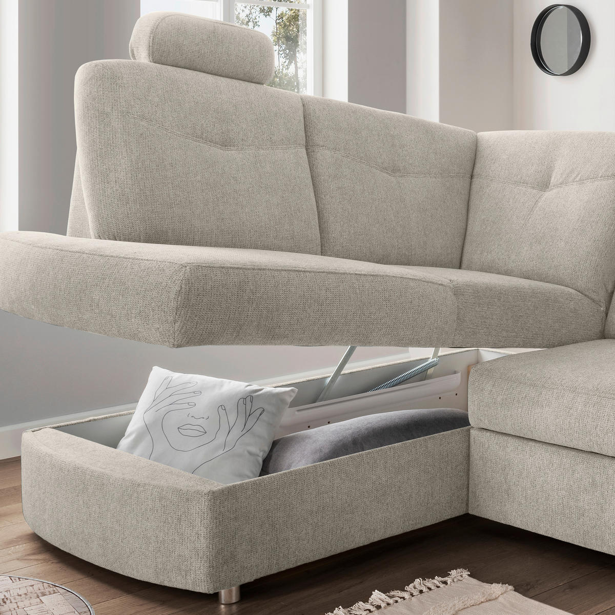 ECKSCHLAFSOFA in Chenille Beige  - Chromfarben/Beige, Modern, Kunststoff/Textil (180/264cm) - Livetastic