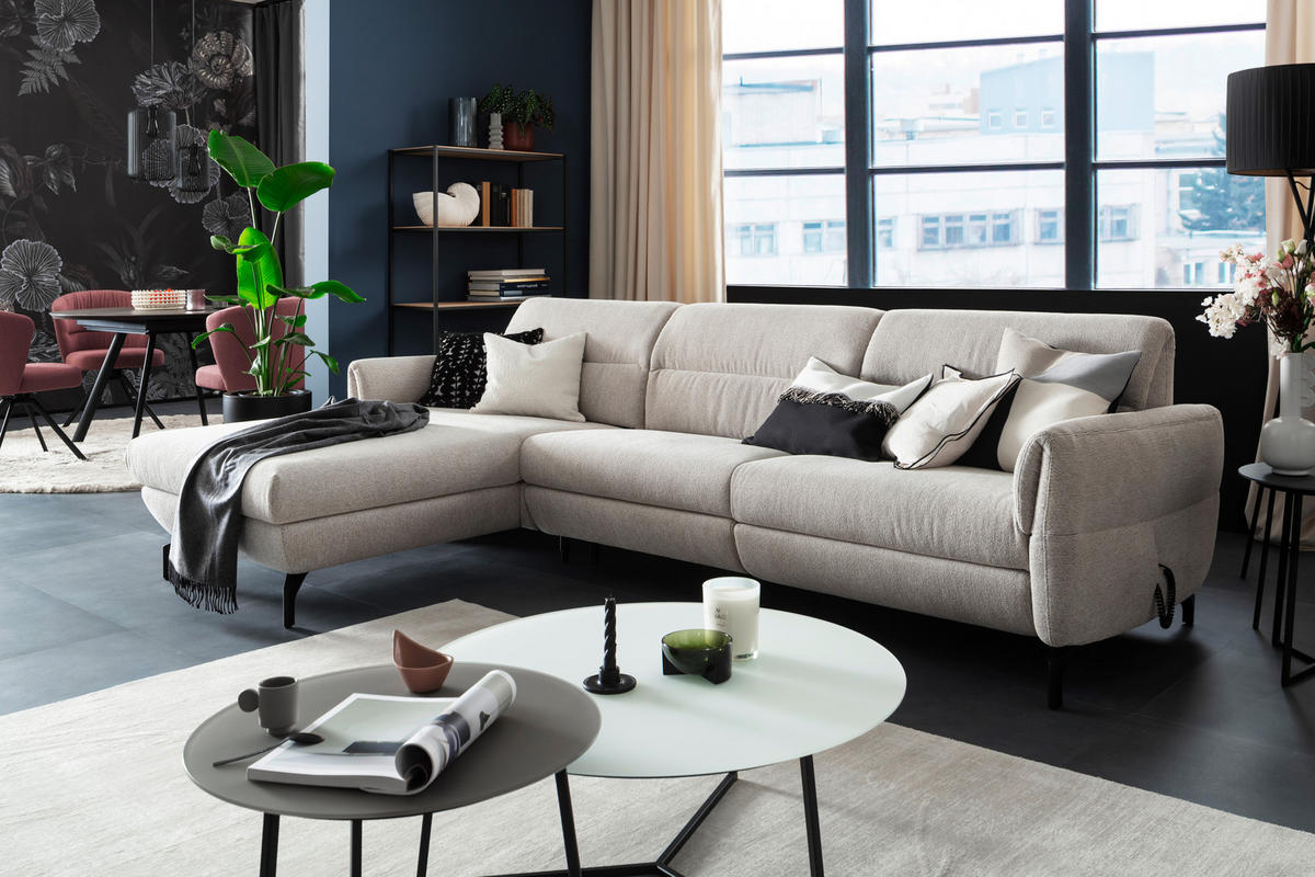 ECKSOFA Beige Chenille  - Beige/Schwarz, Design, Textil/Metall (187/299cm) - Schöner Wohnen