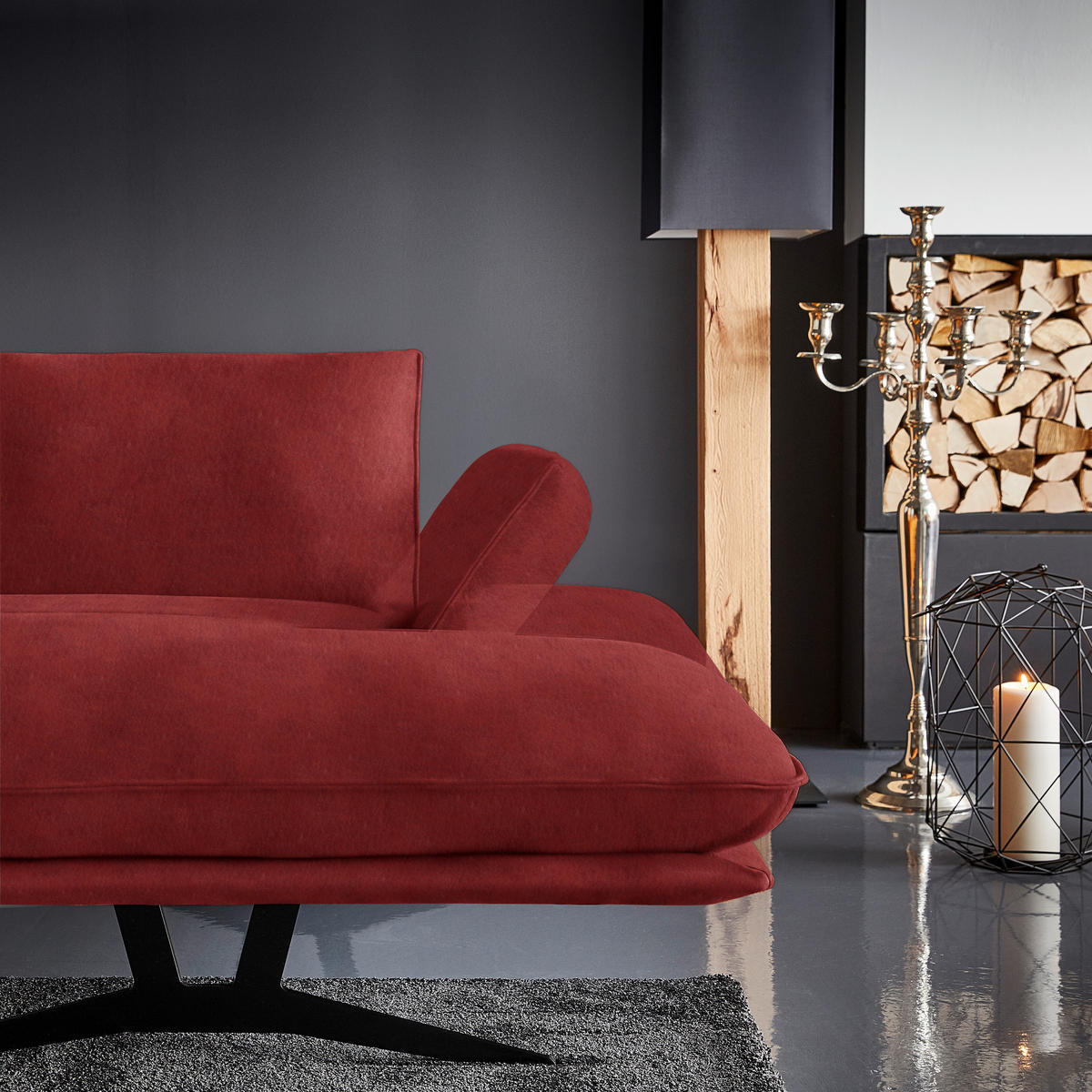 WOHNLANDSCHAFT in Echtleder Rot  - Rot/Schwarz, Natur, Leder/Metall (217/359/155cm) - Dieter Knoll