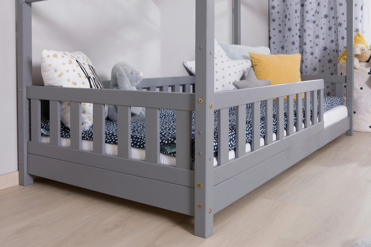 HAUSBETT 120/200 cm,  in Hellgrau, Absturzsicherung, Rollrost  - Hellgrau/Naturfarben, MODERN, Holz (120/200cm) - MID.YOU