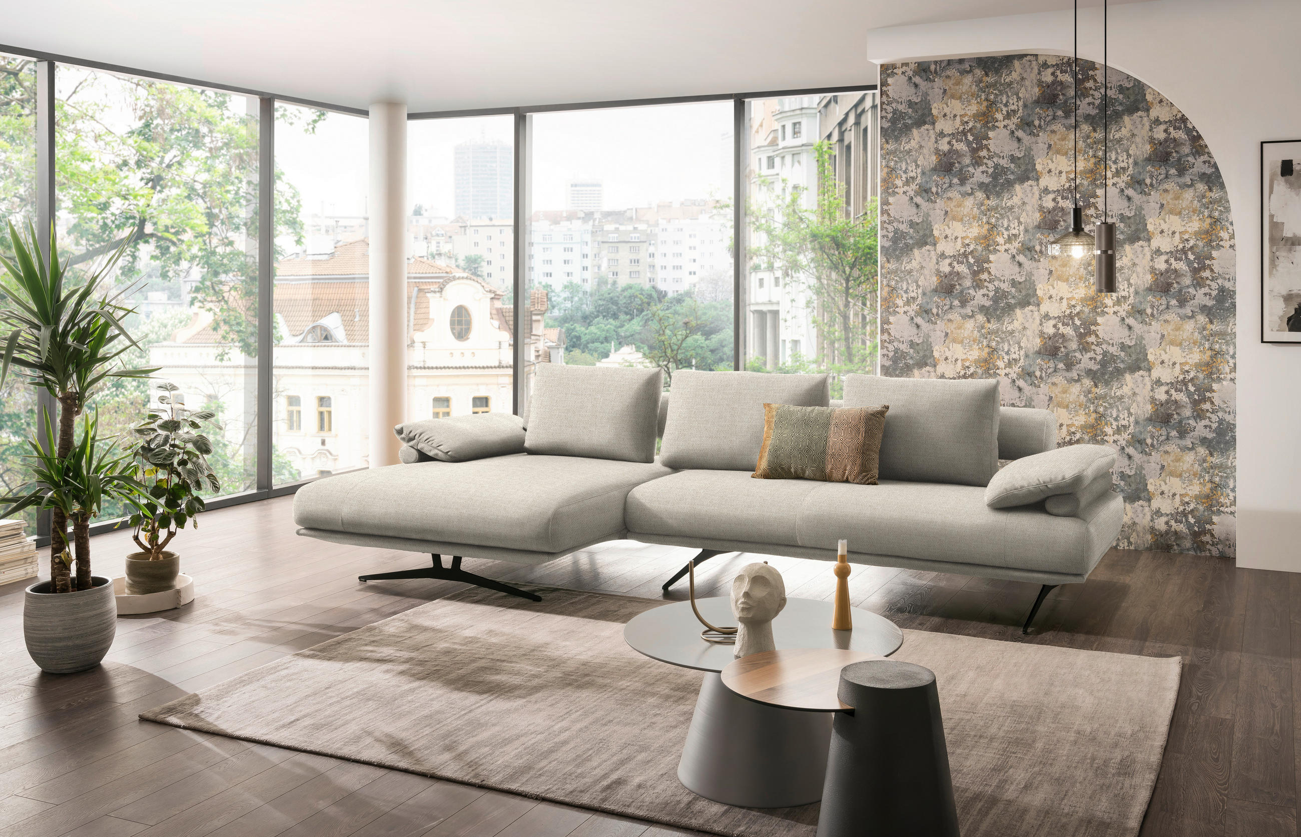 ECKSOFA in Chenille Creme  - Creme/Schwarz, Design, Textil/Metall (168/334cm) - Dieter Knoll