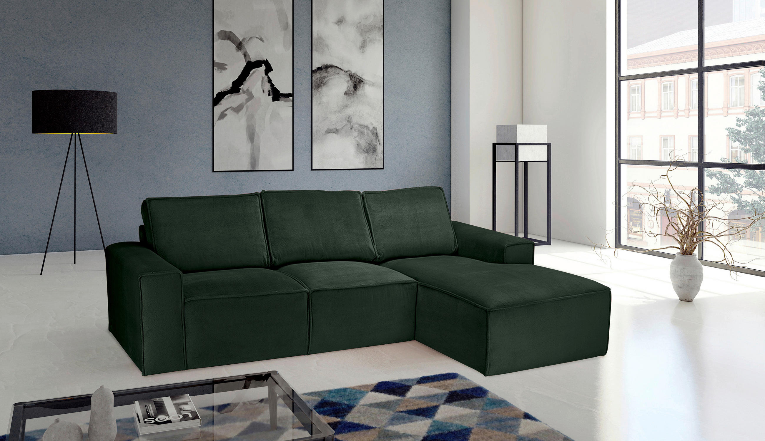 Thumbnail - Carryhome Ecksofa, Dunkelgrün, Textil, 3-4-Sitzer, Füllung: Schaumstoff, Ottomane rechts, L-Form, 272x168 cm, seitenverk...